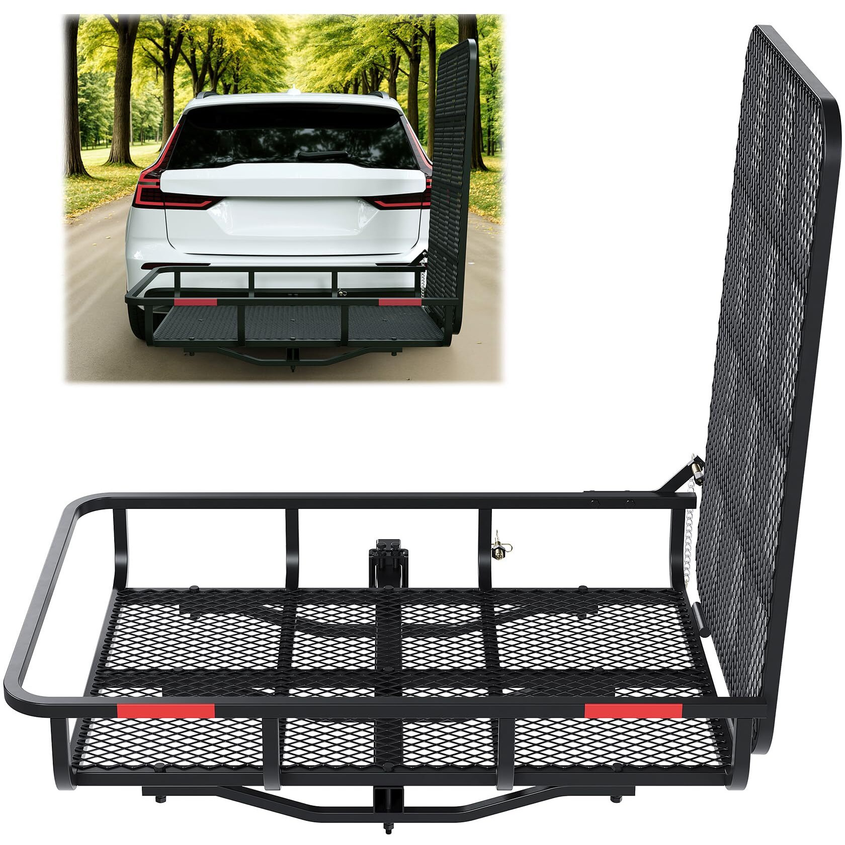 Ecotric Hitch Mount Wheelchair Carrier With Mobility Ramp For Wheelchair Scooter Lawn Mower Snow Blower Hauler 500Lb Capacity Basket-Style