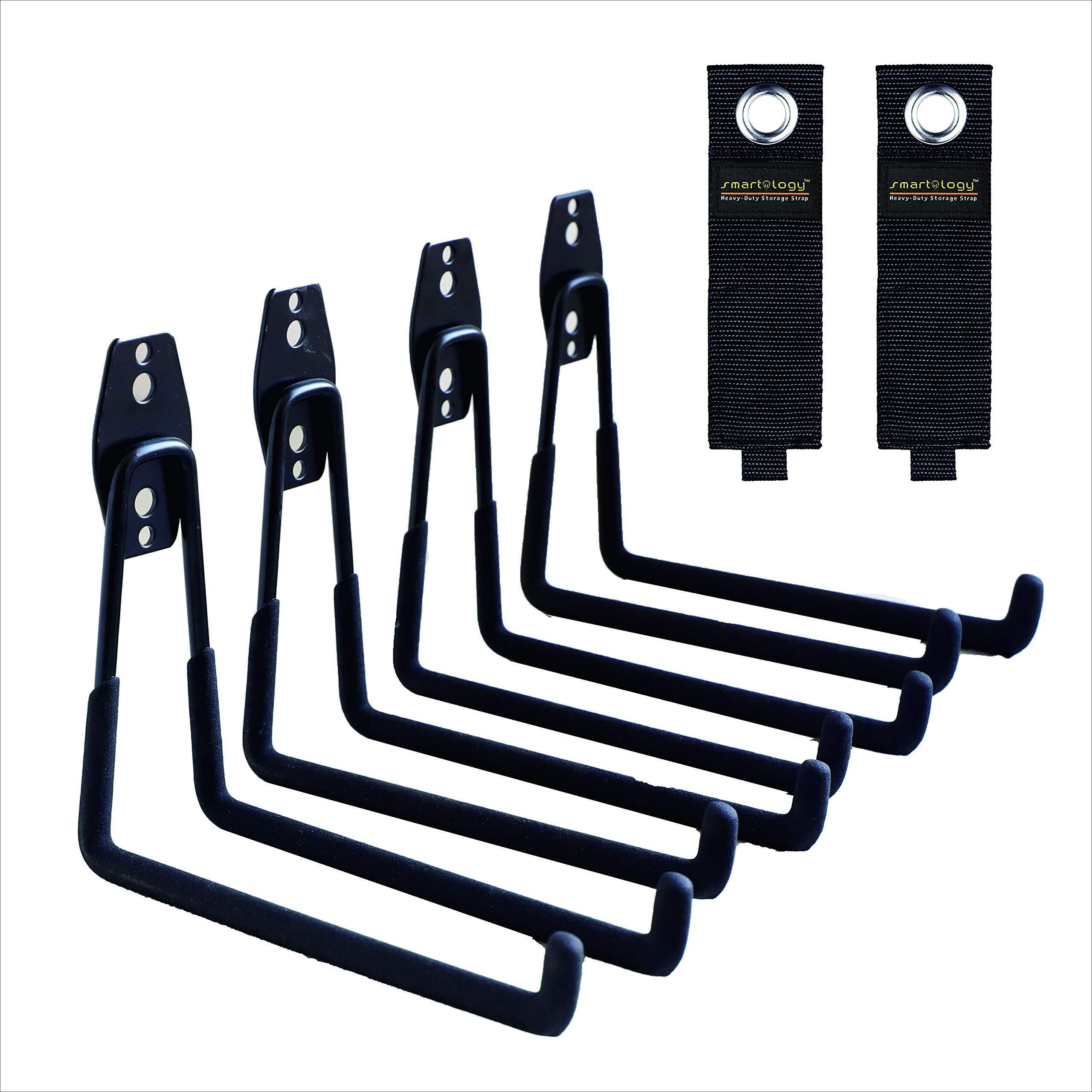 Garage Hooks, 4 Pack Wall Mount Storage Hanger With 2 Extension Cord Holder Organizer, Heavy-Duty 7.5 Inch Long Hooks For Ladder, Ski, Sports, Utility, Garden Tool, Hose Storage Rack Organizer