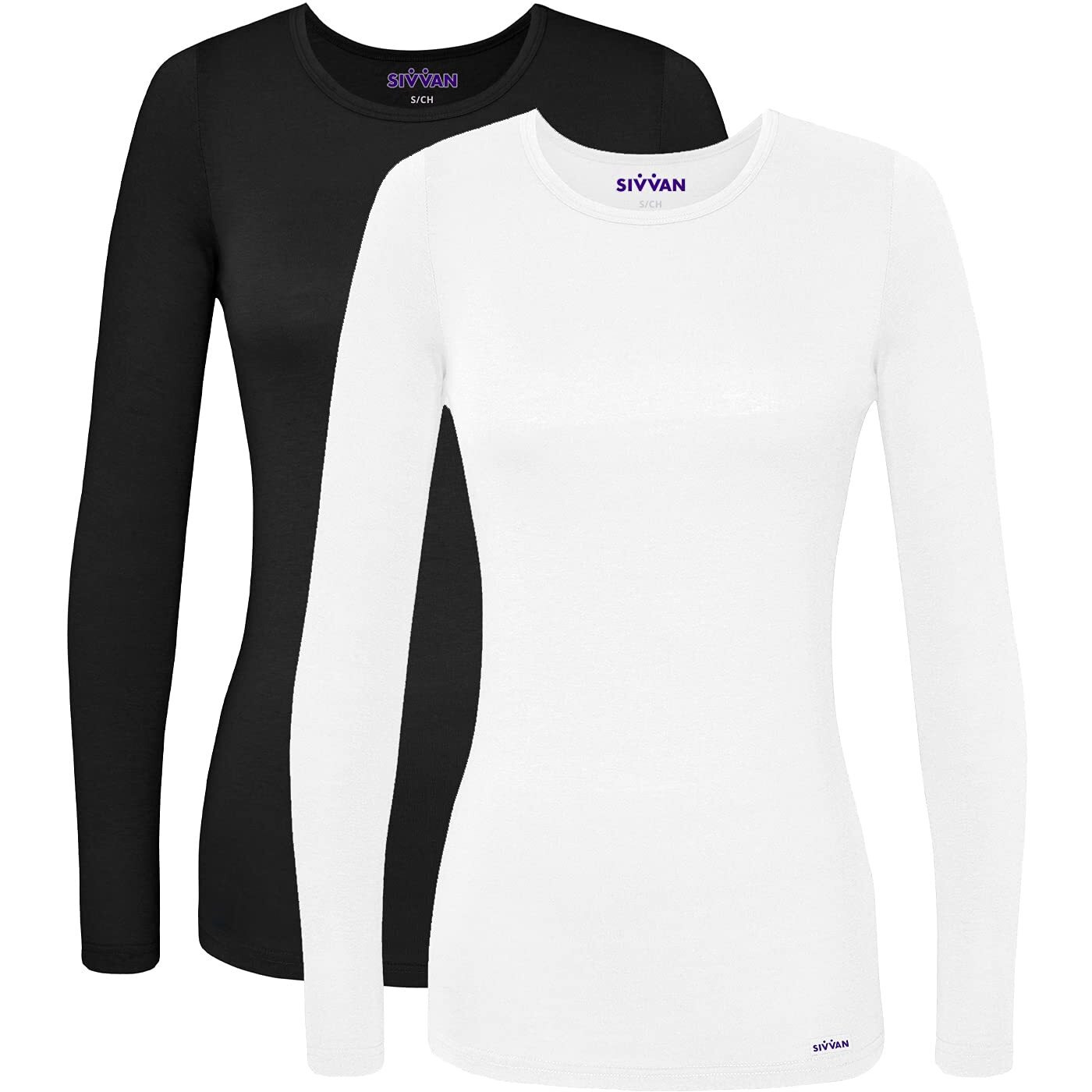 Sivvan Scrubs For Women - Long Sleeve Comfort Underscrub Tee 2-Pack - S85002 - Black/White - M
