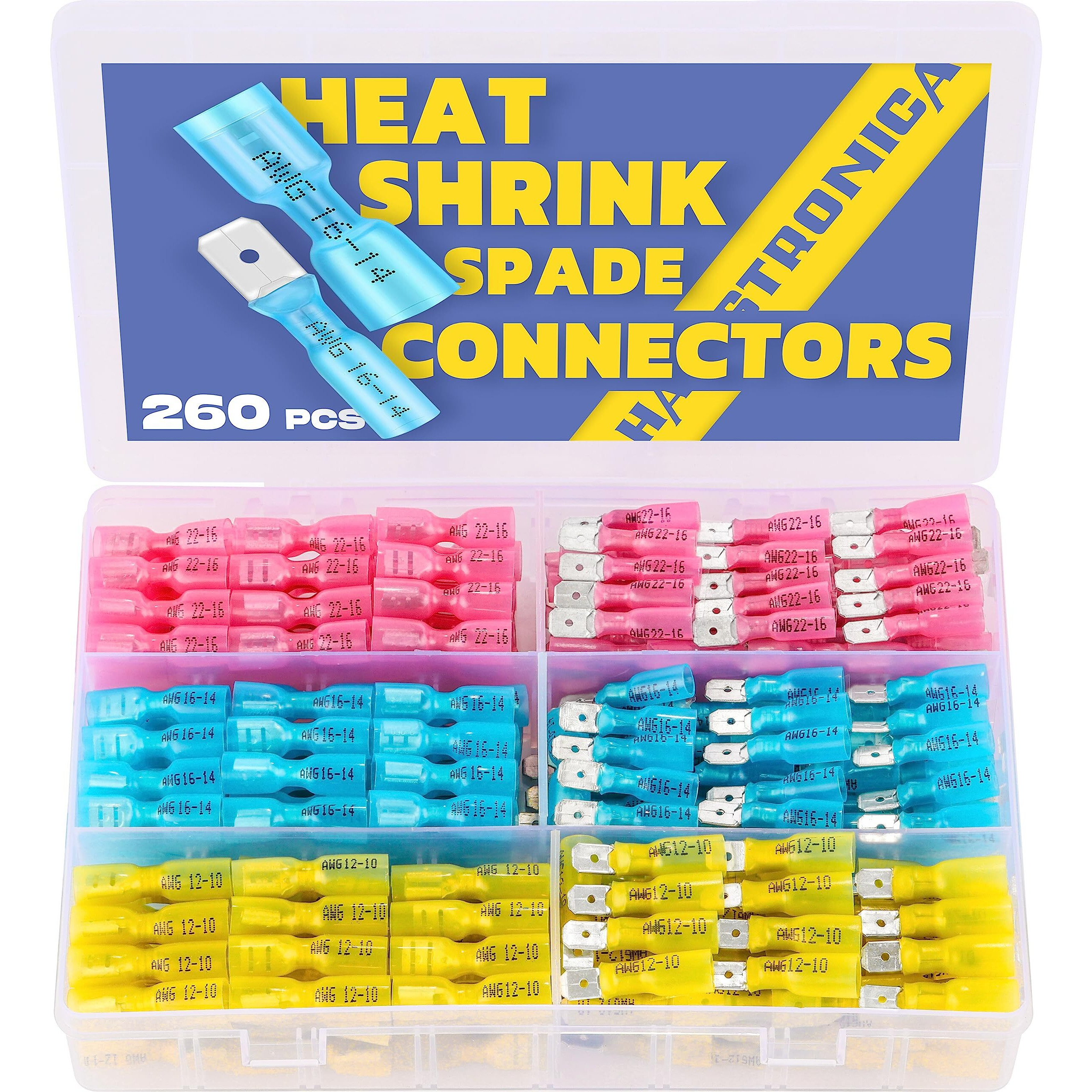 Haisstronica 260Pcs Heat Shrink Spade Connectors-Electrical Wire Connectors-Quick Disconnect Connectors -Female And Male Spade Terminlas For Watercraft,Electronics,Automotive Crimp Connectors