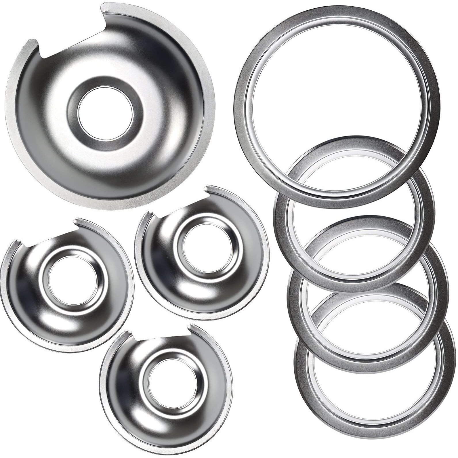 Burner Drip Bowl 1 Large 8'' Wb32X10013 & 3 Small 6'' Wb32X10012 Chrome Drip Pan Set 4-Pack Fits For Ge Hotpoint Electric Range By Appliancemates Replacement Parts (3) 6" Pan/Ring & (1) 8" Pan/Ring