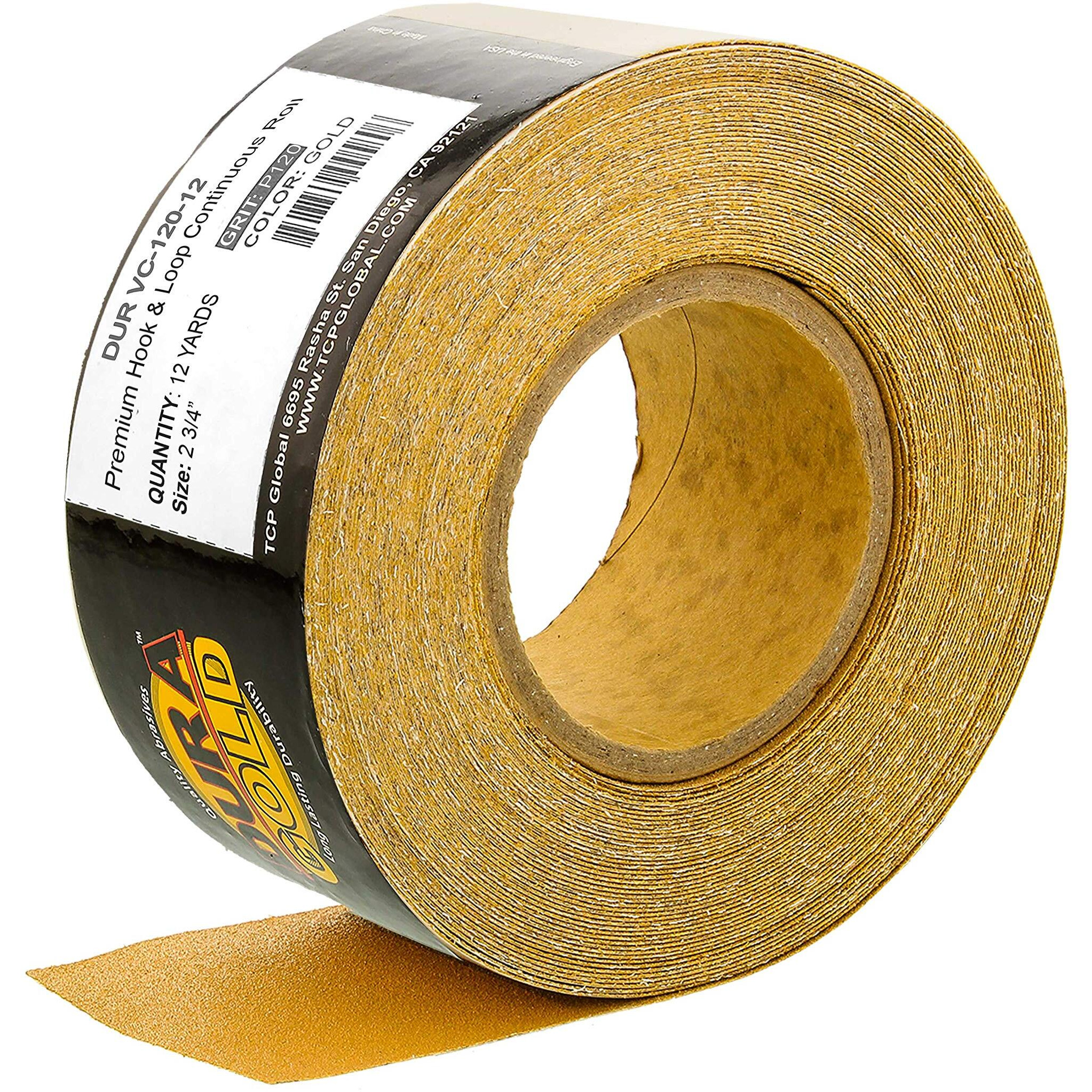 Dura-Gold Premium - 120 Grit Gold - Hook & Loop Backing Longboard Continuous Sandpaper Roll, 2-3/4" Wide, 12 Yards Long - For Automotive & Woodworking Air File Long Board Sanders, Hand Sanding Blocks