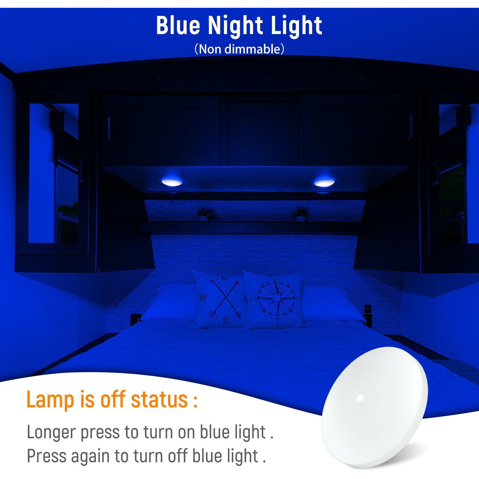 Obeaming 2 Pack Rv Interior Ceiling Dome Light 4.5 Inch, Press Dimmer Switch & Blue Nightlight,12V Dimmable Puck Light For Motorhome Trailer Fifth Wheel Truck Coach Enclosed Trailer(3000K)