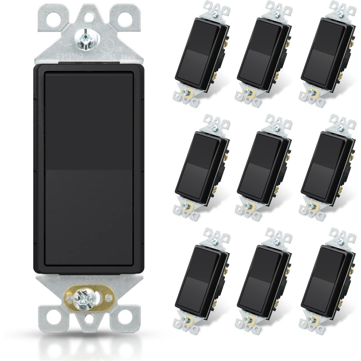 Elegrp Matte Black Single Pole Decorator Light Switch, 15Amp, 120/277V, Decorative Paddle Rocker Switch Replacement, On/Off Wall Switch, Self-Grounding, Residential/Commercial Grade, Ul/Cul (10 Pack)