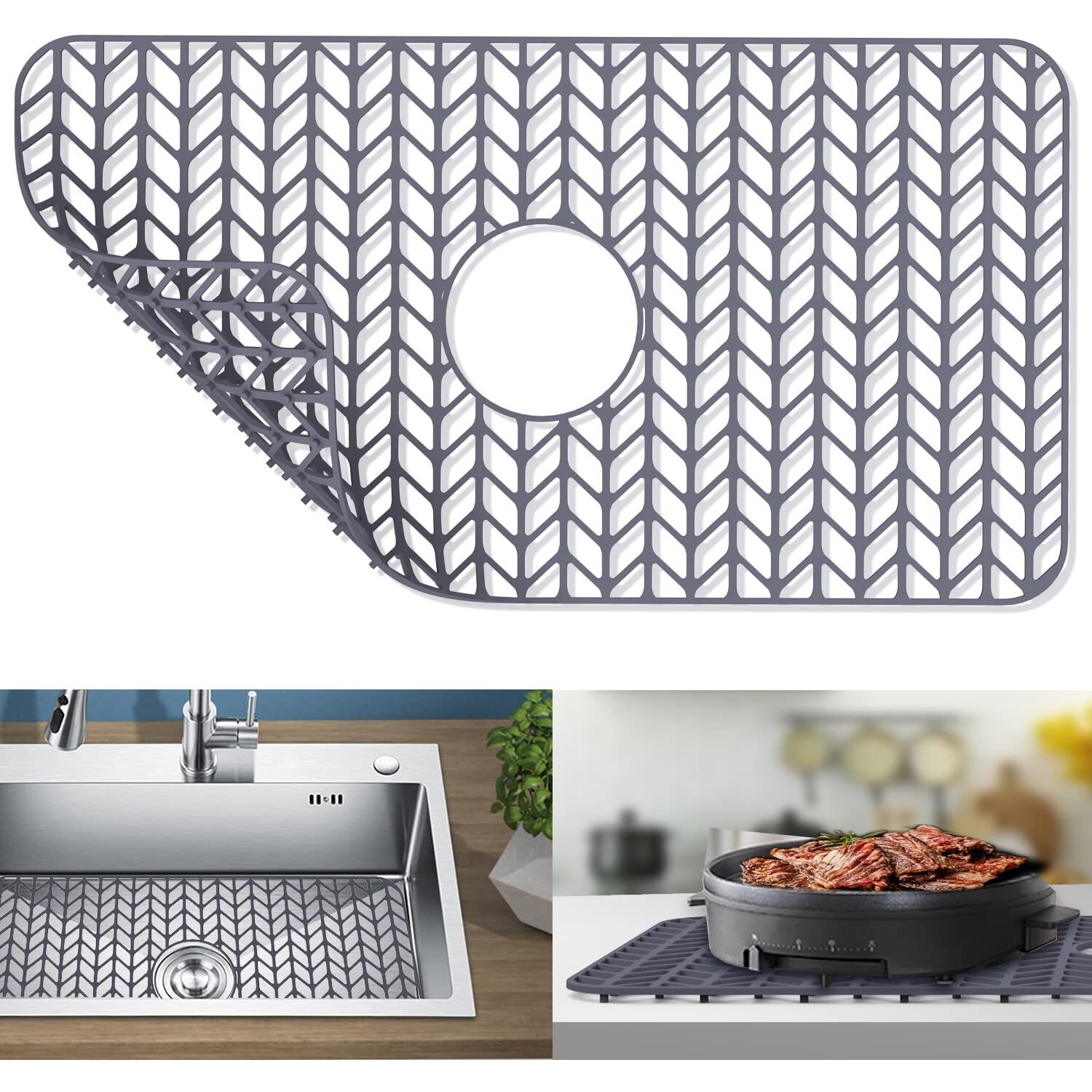 Silicone Sink Protectors For Kitchen Sink, Guukin 26''X 14'' Sink Mat Grid For Bottom Of Farmhouse Stainless Steel Porcelain Sink With Center Drain (Grey)