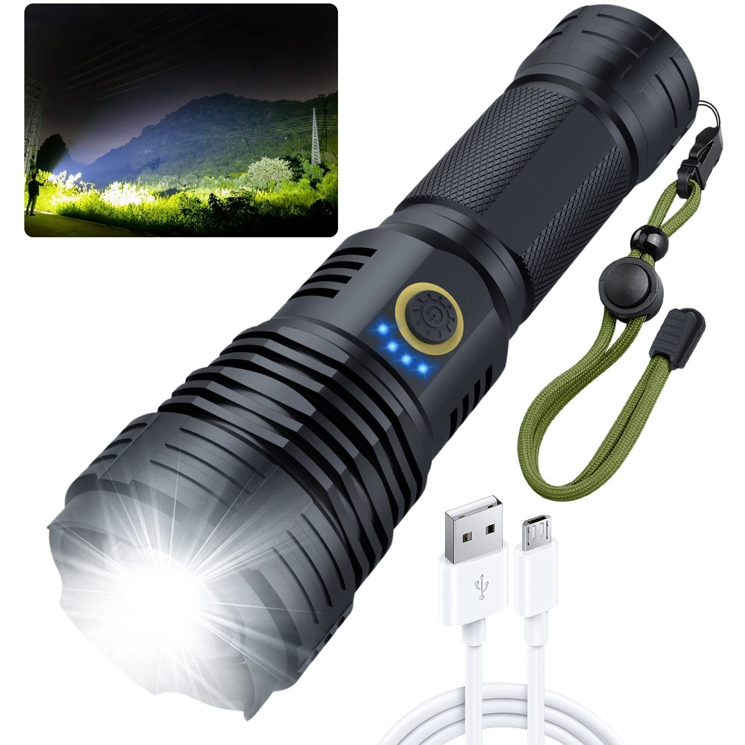 Amzyigou Flashlights High Lumens 1000000, Super Bright Rechargeable Flashlight High Power, Led Tactical Flashlights Waterproof With Zoomable 5 Modes For Camping, Hunting And Emergencies