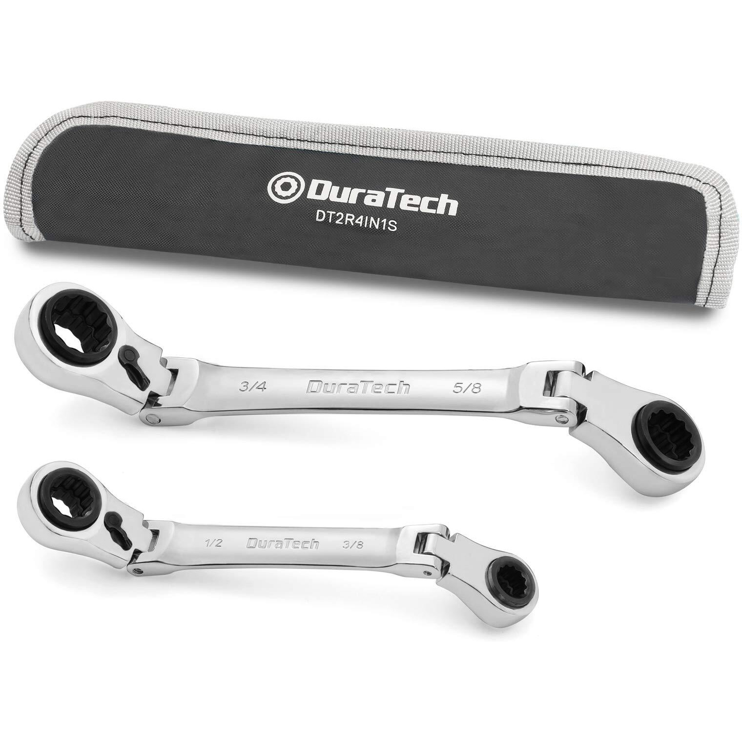 Duratech 4-In-1 Flex-Head Reversible Ratcheting Box Wrench Set, Sae, 2-Piece, 5/16'' To 3/4'', 12 Point, Cr-V, With Rolling Pouch