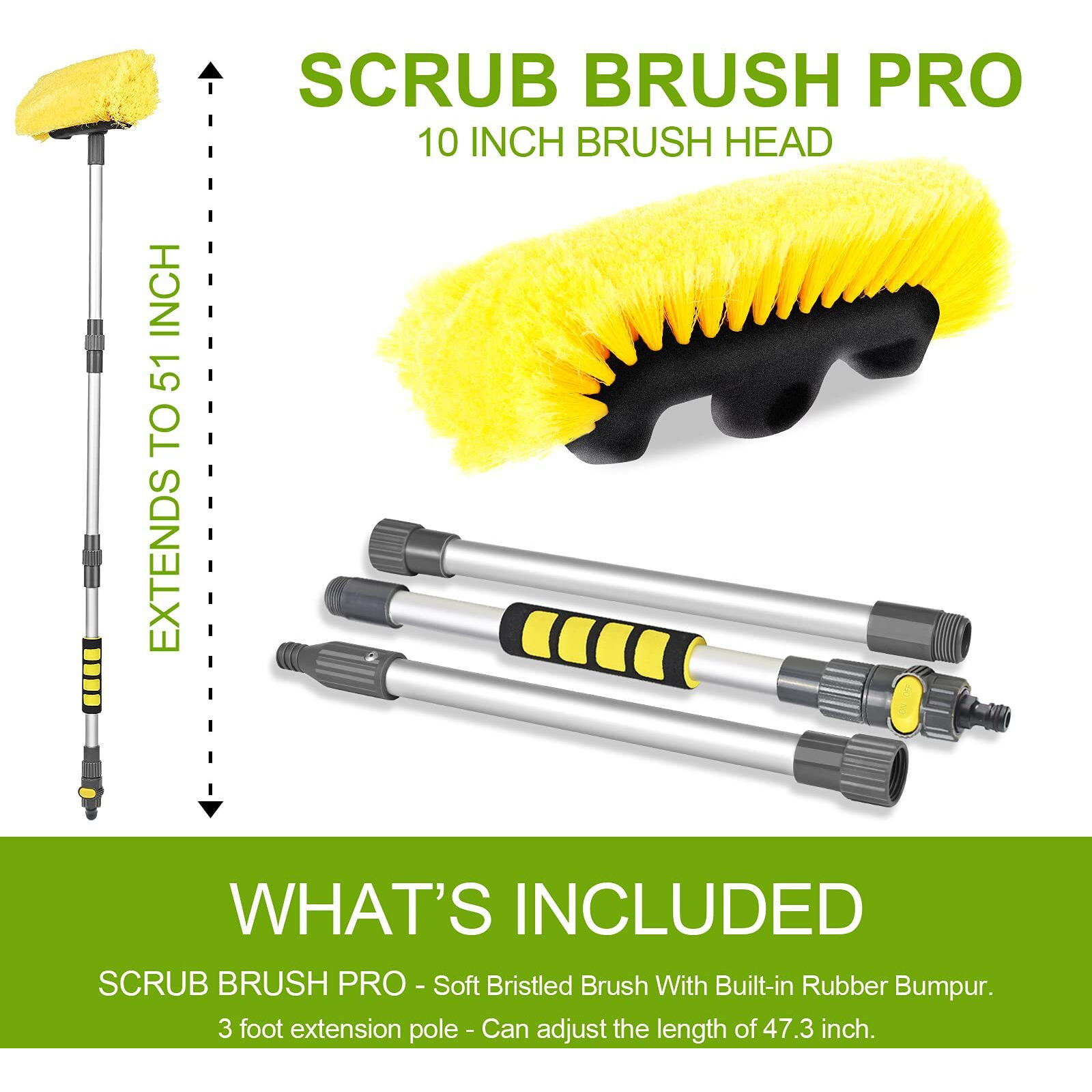 Anyyion 51 Inch Car Wash Brush With 10 Inch Soft Bristle, On/Off Switch For Car Truck Boat Washing Brush, Perfect For Cleaning House Siding, Auto Cars, Trucks, Suv, Rv, Floors And More