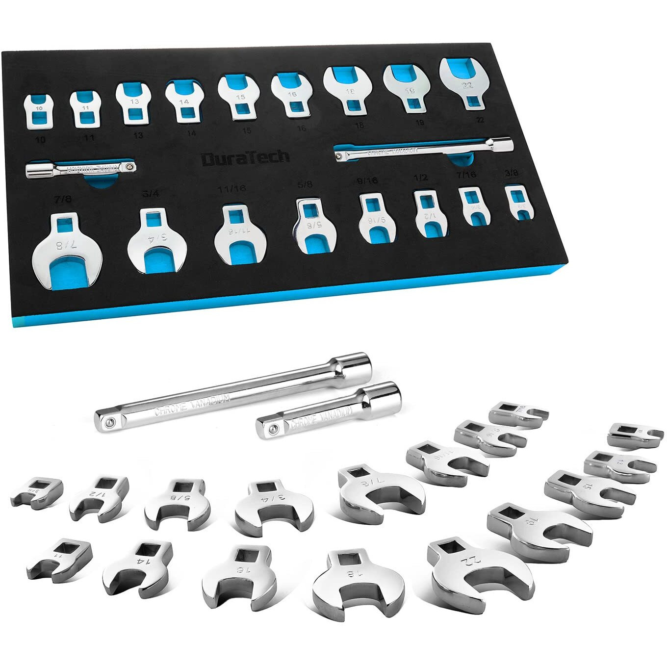 Duratech 3/8" Drive Crowfoot Wrench Set With 2 Extension Bars, Sae & Metric, 19-Piece, 10-22Mm & 3/8"-7/8", Cr-V Steel, With Eva Foam Tool Organizer