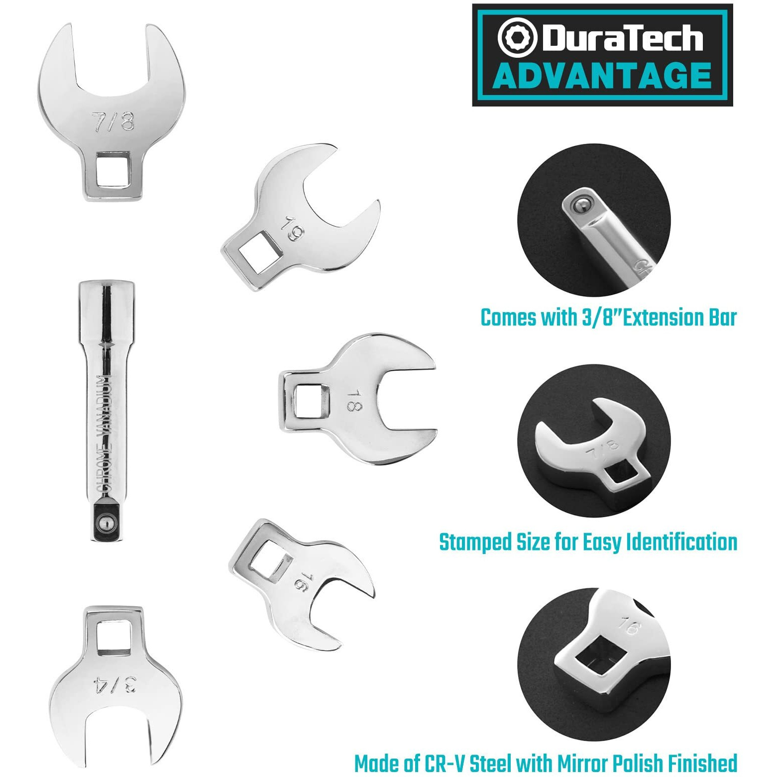 Duratech 3/8" Drive Crowfoot Wrench Set With 2 Extension Bars, Sae & Metric, 19-Piece, 10-22Mm & 3/8"-7/8", Cr-V Steel, With Eva Foam Tool Organizer