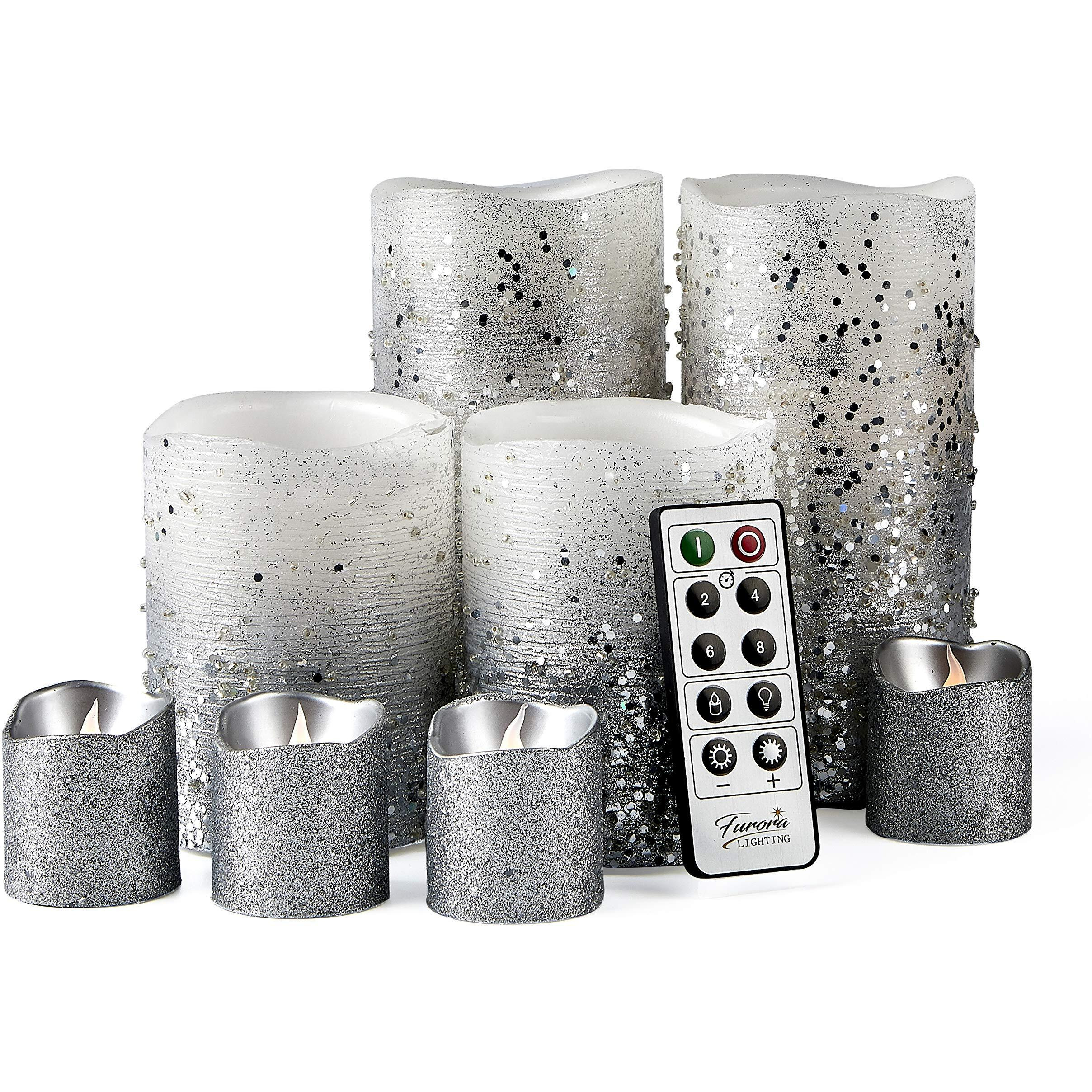 Furora Lighting Led Flameless Candles With Remote - Battery-Operated Flameless Candles Bulk Set Of 8 Fake Candles - Small Flameless Candles & Christmas Centerpieces For Tables, Silver Glittery
