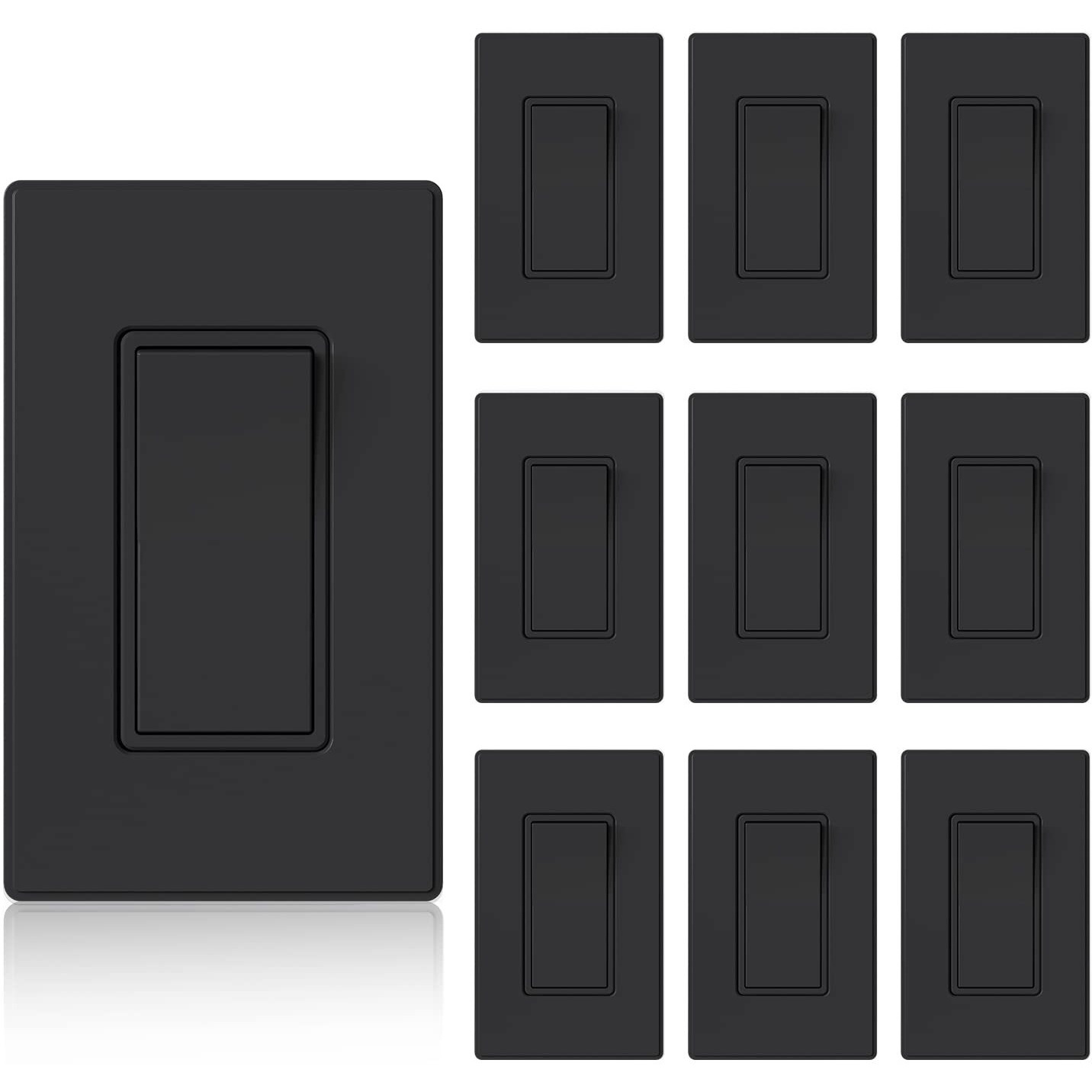 Elegrp Matte Black Single Pole Decorator Light Switch, 15Amp 120/277V, Paddle Rocker Switch Wall Switch Replacement, Self-Grounding, Residential Grade, W/Wall Plate, Ul/Cul (10 Pack)