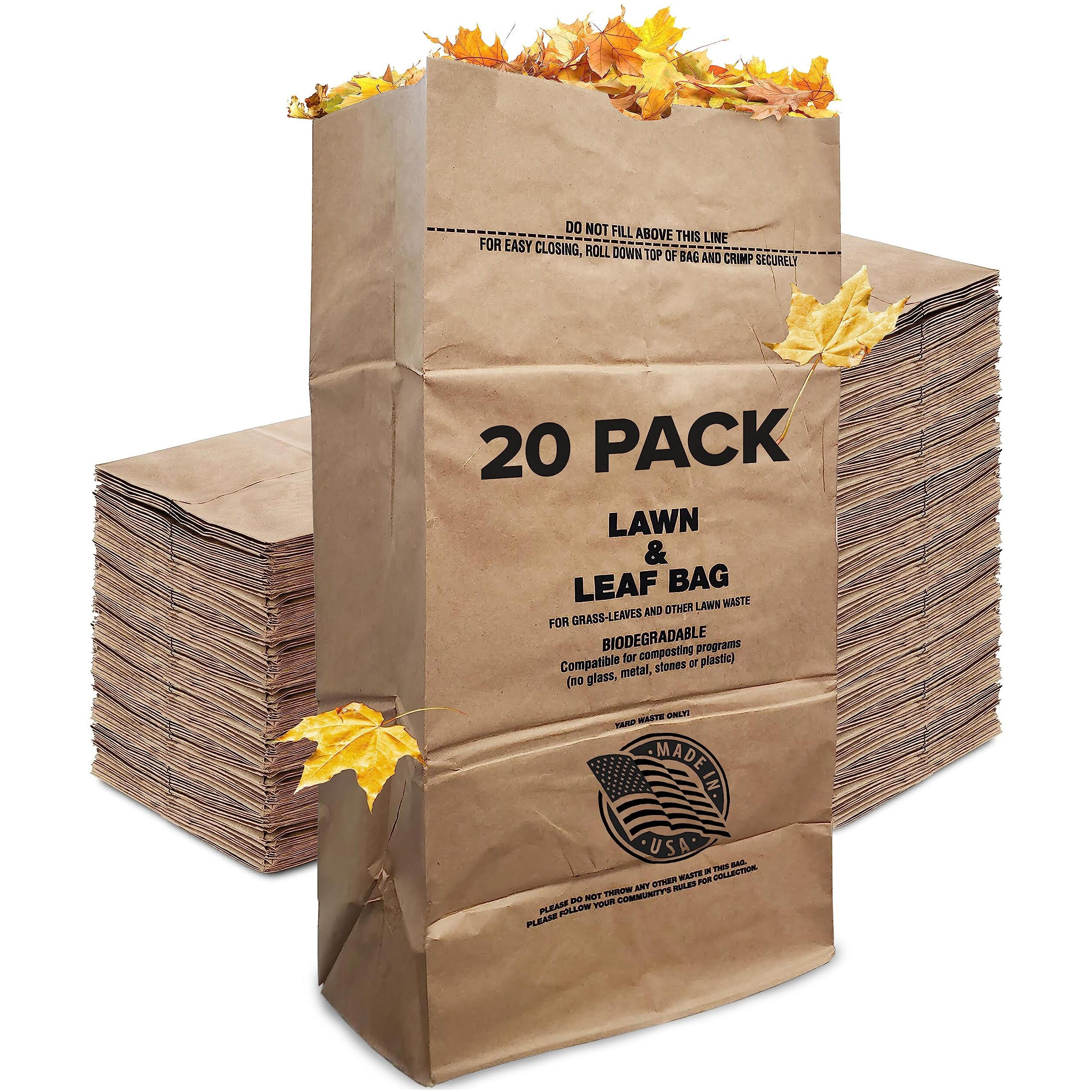 30 Gallon Kraft Lawn And Leaf Bags (20 Pack) Eco-Friendly Heavy Duty Large Paper Trash Bags, Made In The Usa Tear Resistant Yard Waste Bags For Grass Clippings, Wet And Dry Leaves, Weeds, Twigs