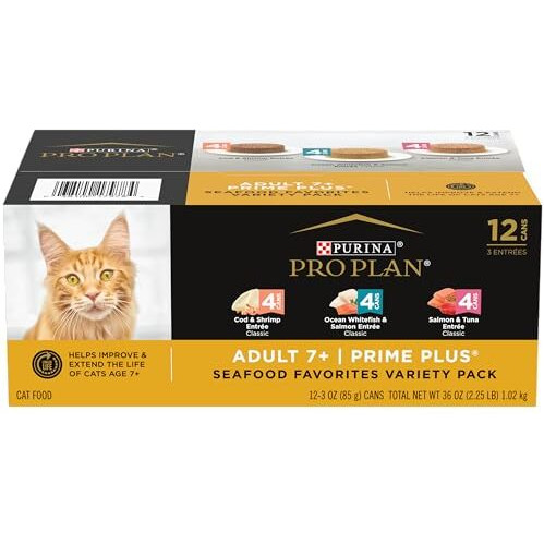 Purina Pro Plan Grain Free Senior Wet Cat Food Variety Pack Pate, Senior Seafood Favorites - (2 Packs Of 12) 3 Oz. Cans