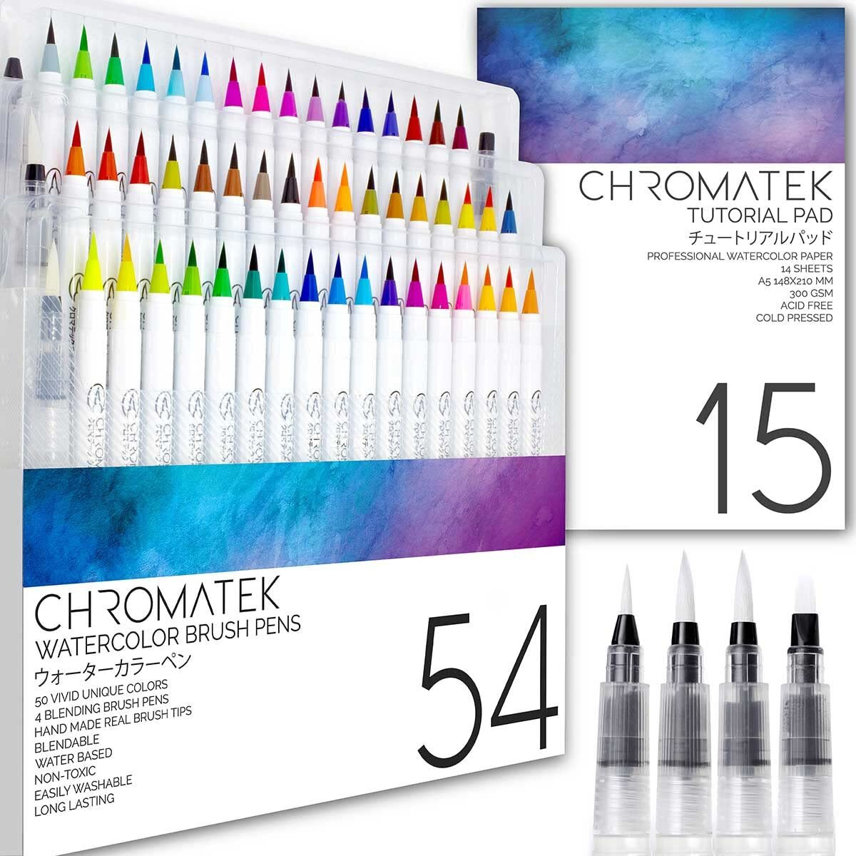 Chromatek 54 Watercolor Pens Set  Including 15 Page Pad & Online Video Tutorial Series  4 Aquapens & 50 Unique Colors  Real Brush Pens  Easily Blendable, Vivid, Smooth  Professional Art Supplies
