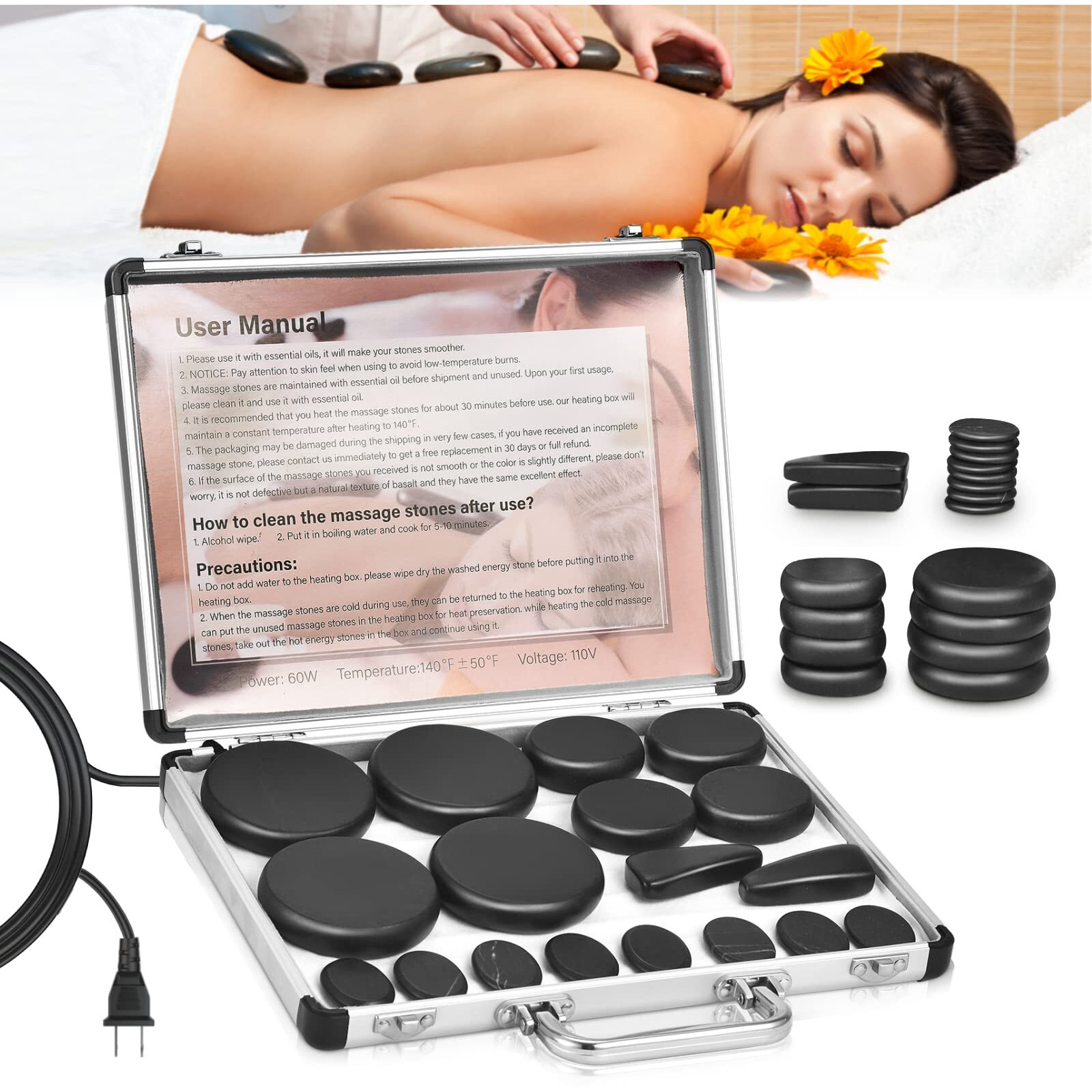 Granpay 18 Hot Stones For Massage With Warmer, Stones Massage Set With Portable Heater Case, Basalt Hot Rocks Massage Stone For Spa Warming Therapy Pain Relief