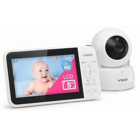 Vtech Vm924 Remote Pan-Tilt-Zoom Video Baby Monitor, 5" Lcd Screen, Up To 17 Hrs Video Streaming, Night Vision, Up To 1000Ft Range, Soothing Sounds, 2-Way Talk, Temperature Sensor,Secured Transmission