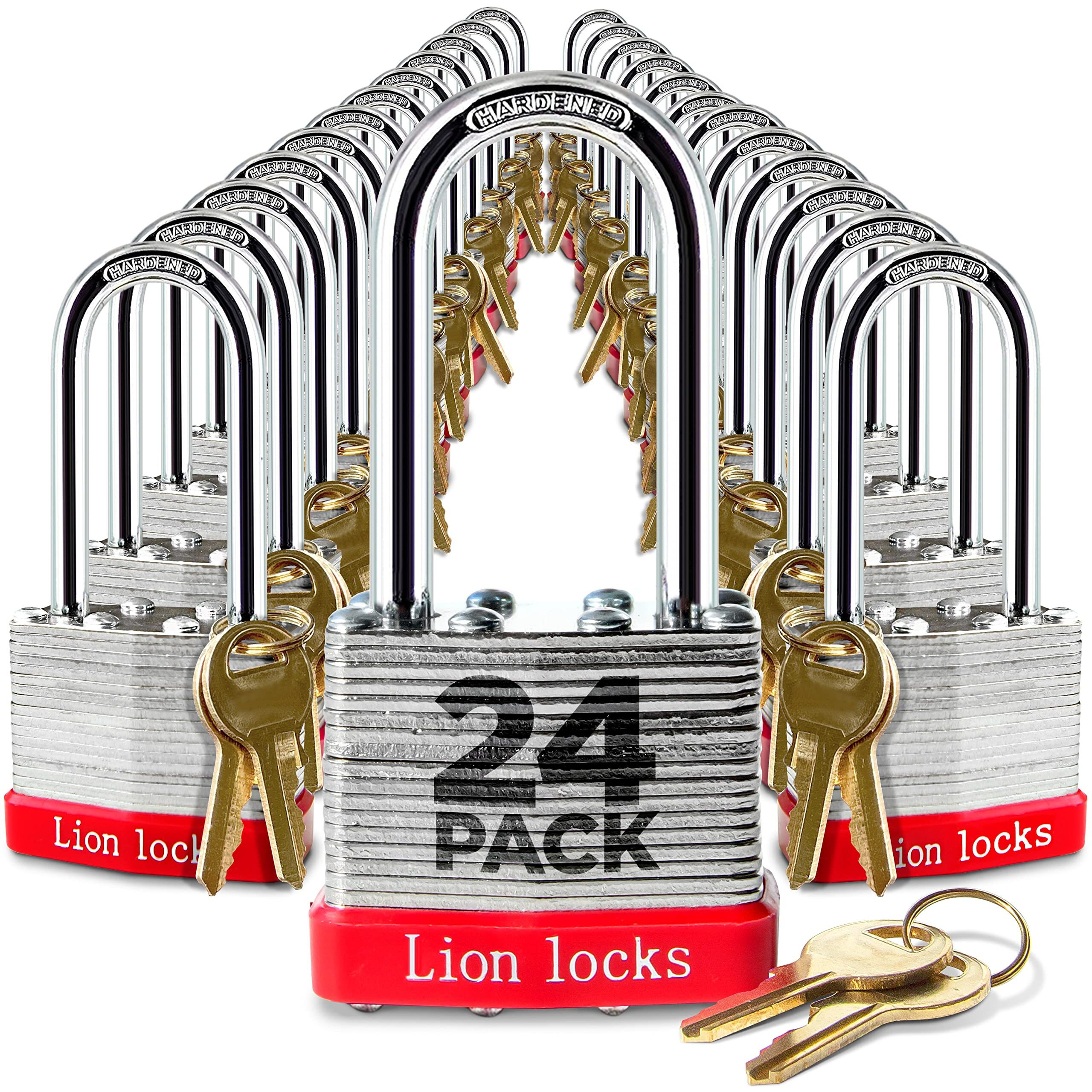 Lion Locks 24 Keyed-Alike Padlocks W/ 2 Long Shackle, 48 Keys, Hardened Steel Case, Pick Resistant Brass Pin Cylinder (24-Pack) For Hasp Latch, Shed, Fence, Gate Chain, Cable, Locker Lock, Gym Door