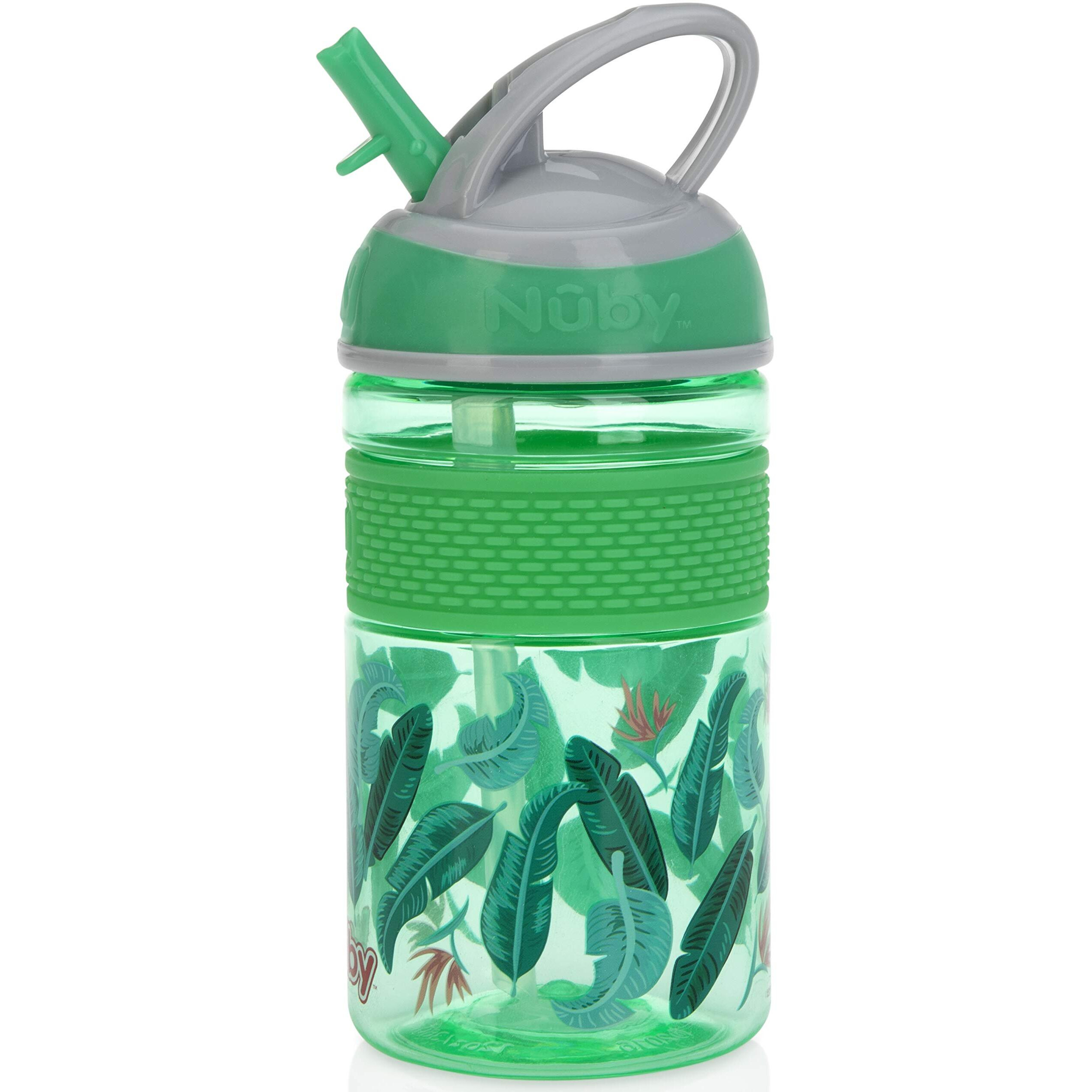 Nuby Thirsty Kids Flip-It Freestyle On The Go Water Bottle With Bite Resistant Hard Straw And Easy Grip Band, Green Banana Leaves, 12 Ounce