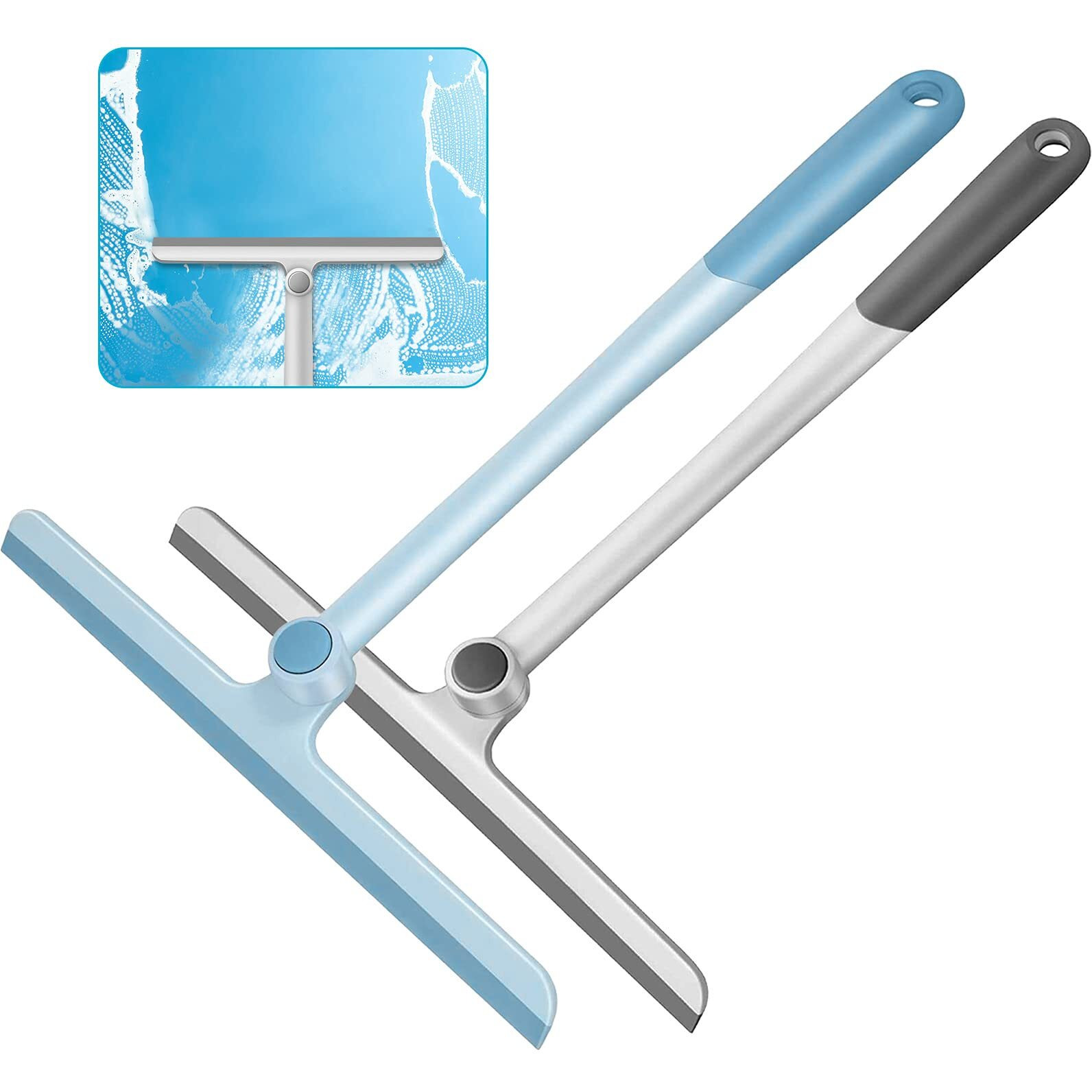 Shower Squeegee For Shower Doors, Shower Squeegee For Glass Doors, Bathroom, Mirrors, Squeegee For Windows Cars And Tile Walls, Silicone Handle Shower Squeegee 12 Inch (Grey+Blue,2Pack)