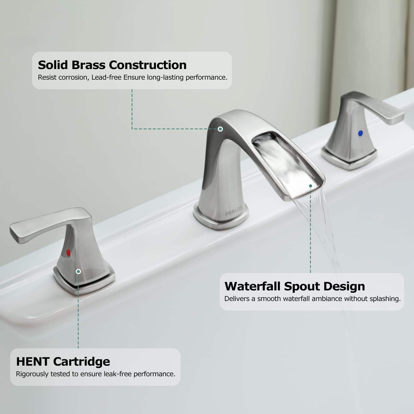 Parlos 2-Handle Widespread Waterfall Roman Bathtub Faucet Tub Filler With Valve, Brushed Nickel, 1434202