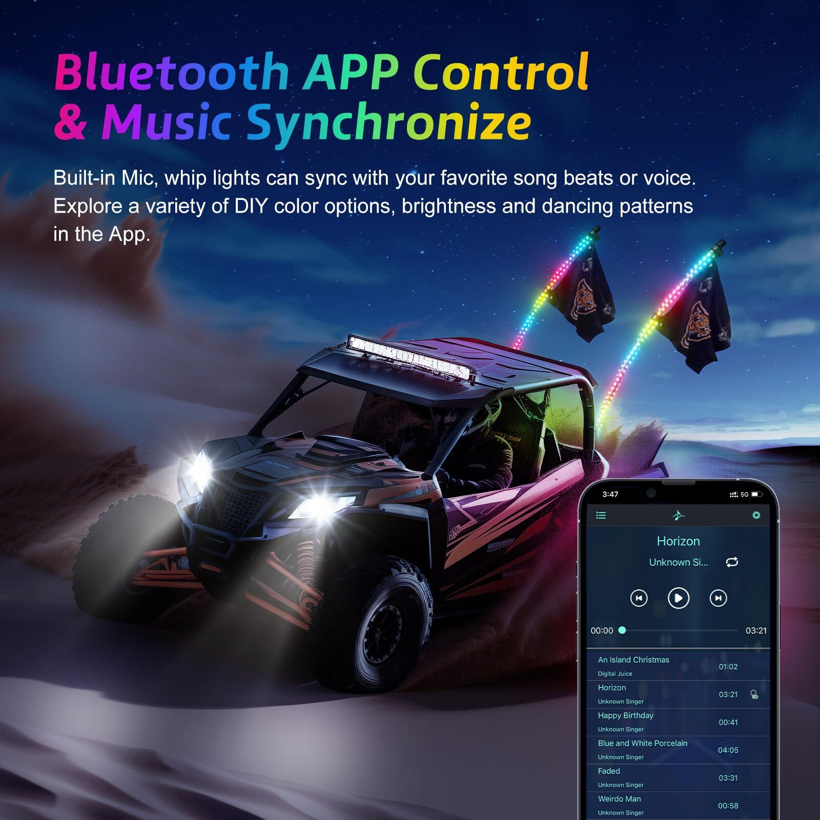 Ehaho 2 Pack 2Ft Whip Lights With Spring Base,Led Whip Light With App & Remote Control, Spiral Rgb Chasing Lighted Whips With Rocker Switch, Music Whip Light For Utv Atv Polaris Rzr Can-Am Sxs Truck