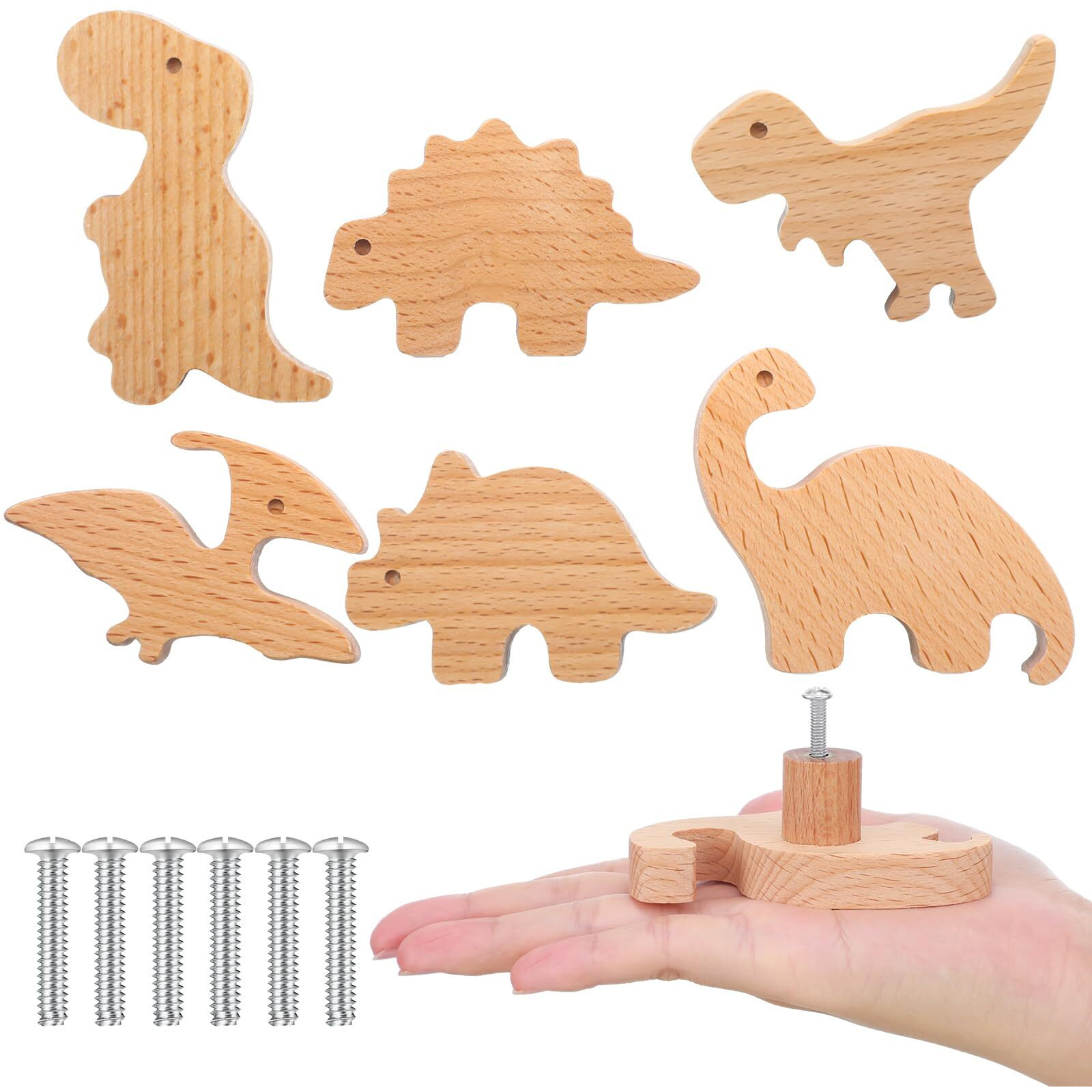 Qunclay Wooden Animal Cabinet Knobs Decorative Wood Dresser Knobs With Screws Dresser Pulls Wood Marine Woodland Animals Knobs Furniture Knobs Nursery Drawer Handles For Decor (Dinosaur,6 Sets)