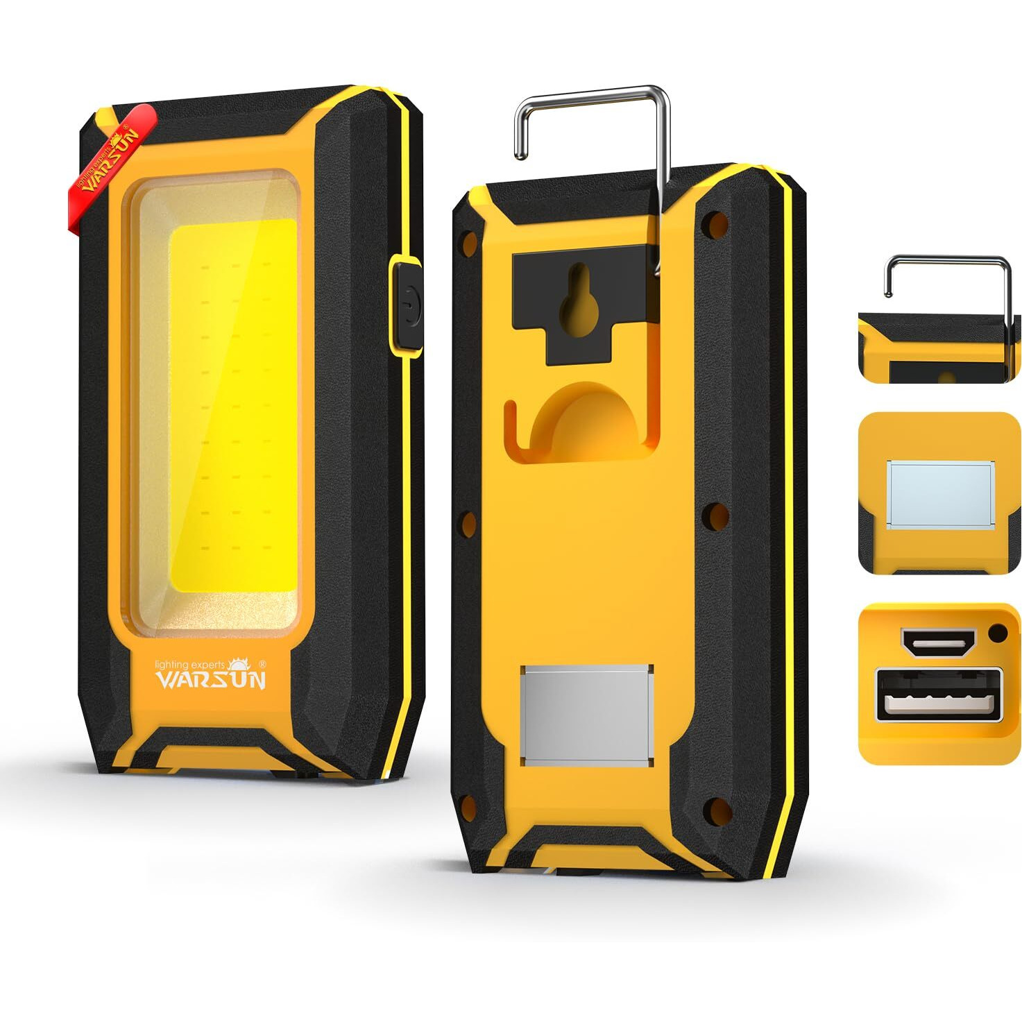 Warsun Led Work Light Rechargeable, Magnetic Cob Portable Worklights, 40W 1500 Lumens,Metal Hanging Hook 3 Lighting Modes, Job Site Lighting For Car Repairing,Camping,Hunting (Yellow)