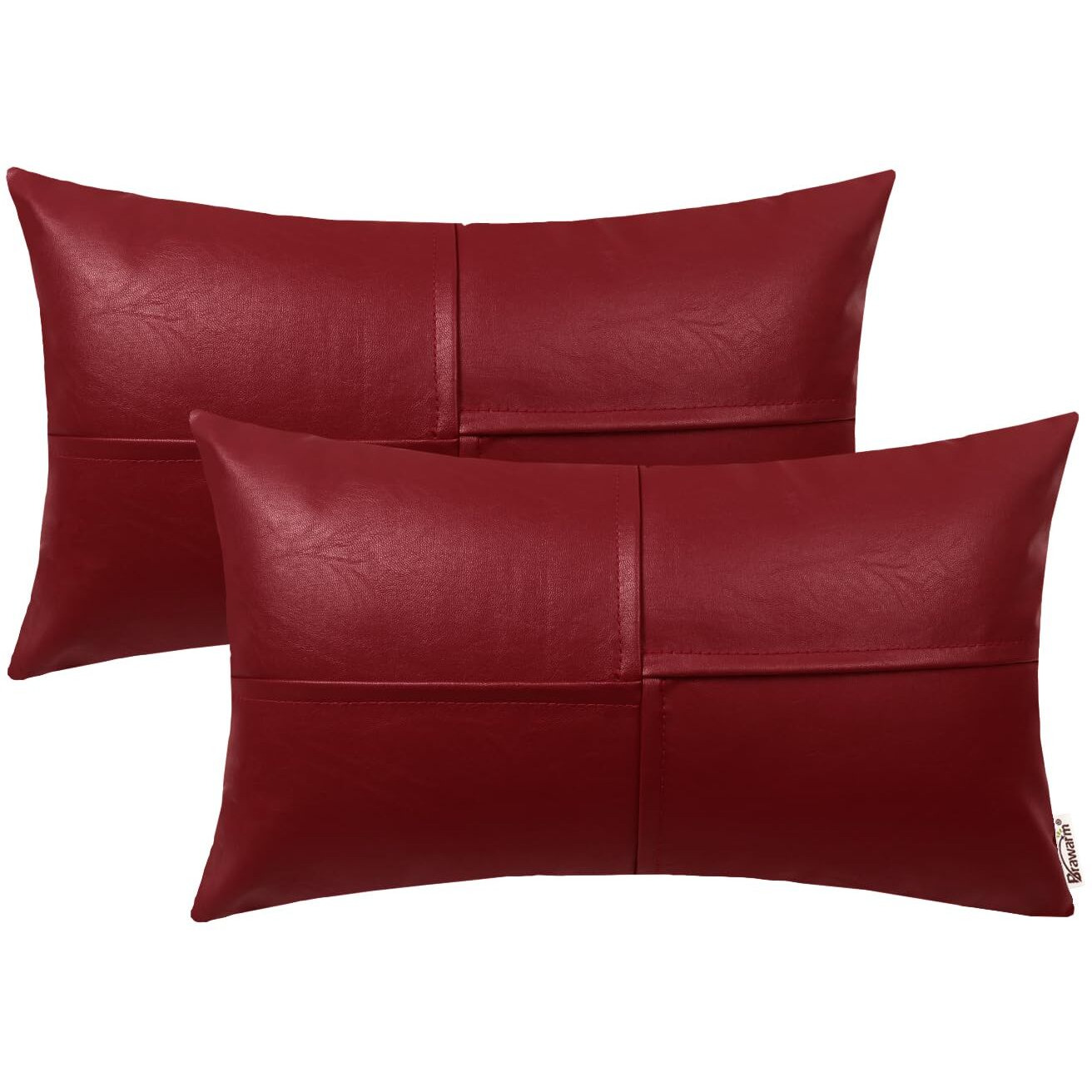 Brawarm Faux Leather Throw Pillow Covers 12 X 20 Inches, Deep Red Leather Lumbar Pillow Covers Pack Of 2, Hand Stitched Leather Decorative Throw Pillows For Couch Sofa Bed Living Room Home Garden