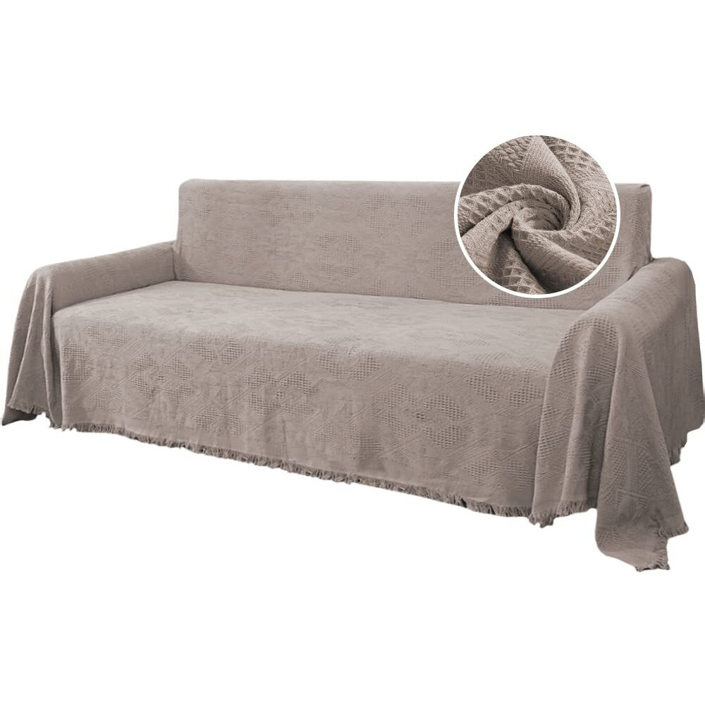 H.Versailtex Cotton Sofa Covers Couch Cover Sofa Slipcover For Most Shape Sofas, Feature Thick Woven Jacquard Seamless With Tassels, Multi-Use Decorative For Couch (Xx-Large 91" X 134", Sand)