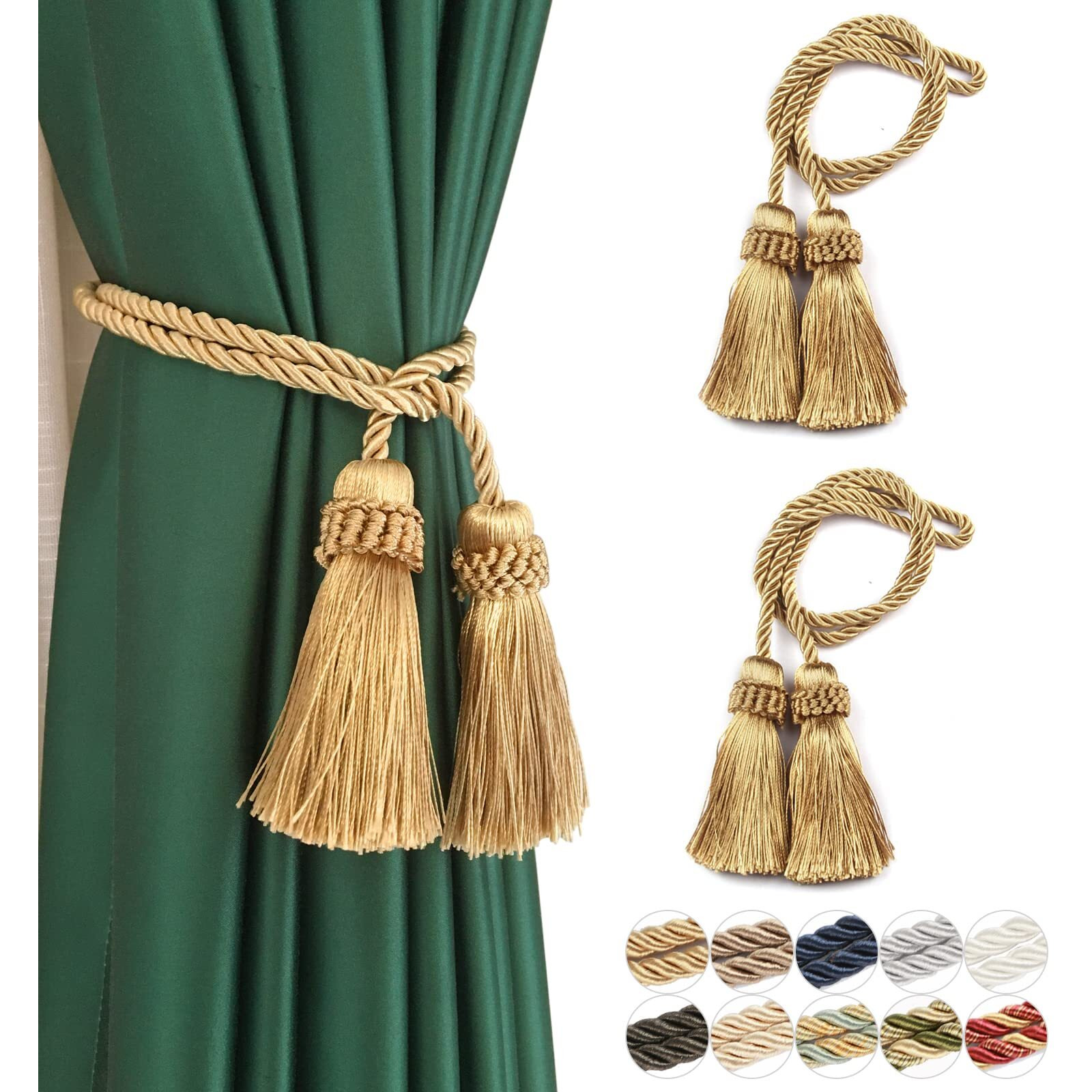 Fenghuangwu 2 Pack Curtain Tiebacks Handmade Decorative Curtain Holdbacks Rope With Tassel- Gold