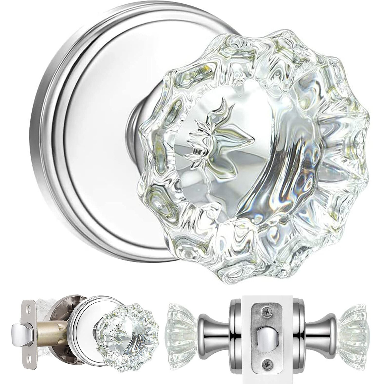 Shiny Handles Crystal Interior Door Knobs,Passage Clear Glass Door Knobs For Hall And Closet (Polished Chrome,1Pack)