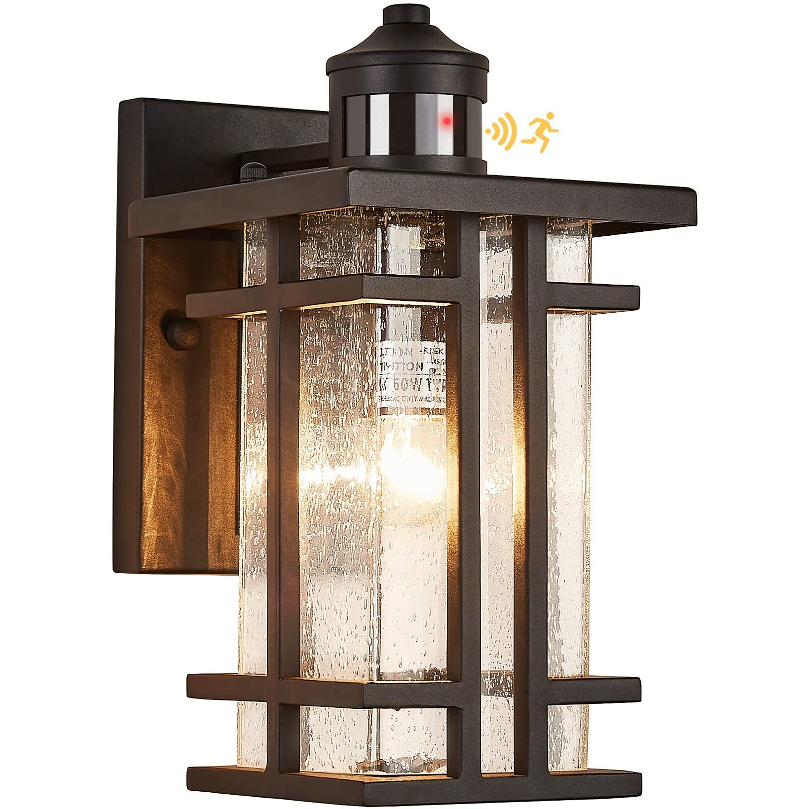 Vocldfa Motion Sensor Outdoor Wall Light Dusk To Dawn Outside Wall Sconce With Seeded Glass Exterior Light Fixtures Wall Mount 3 Modes Motion Activated Outdoor Porch Wall Lantern Ip65 Waterproof Black