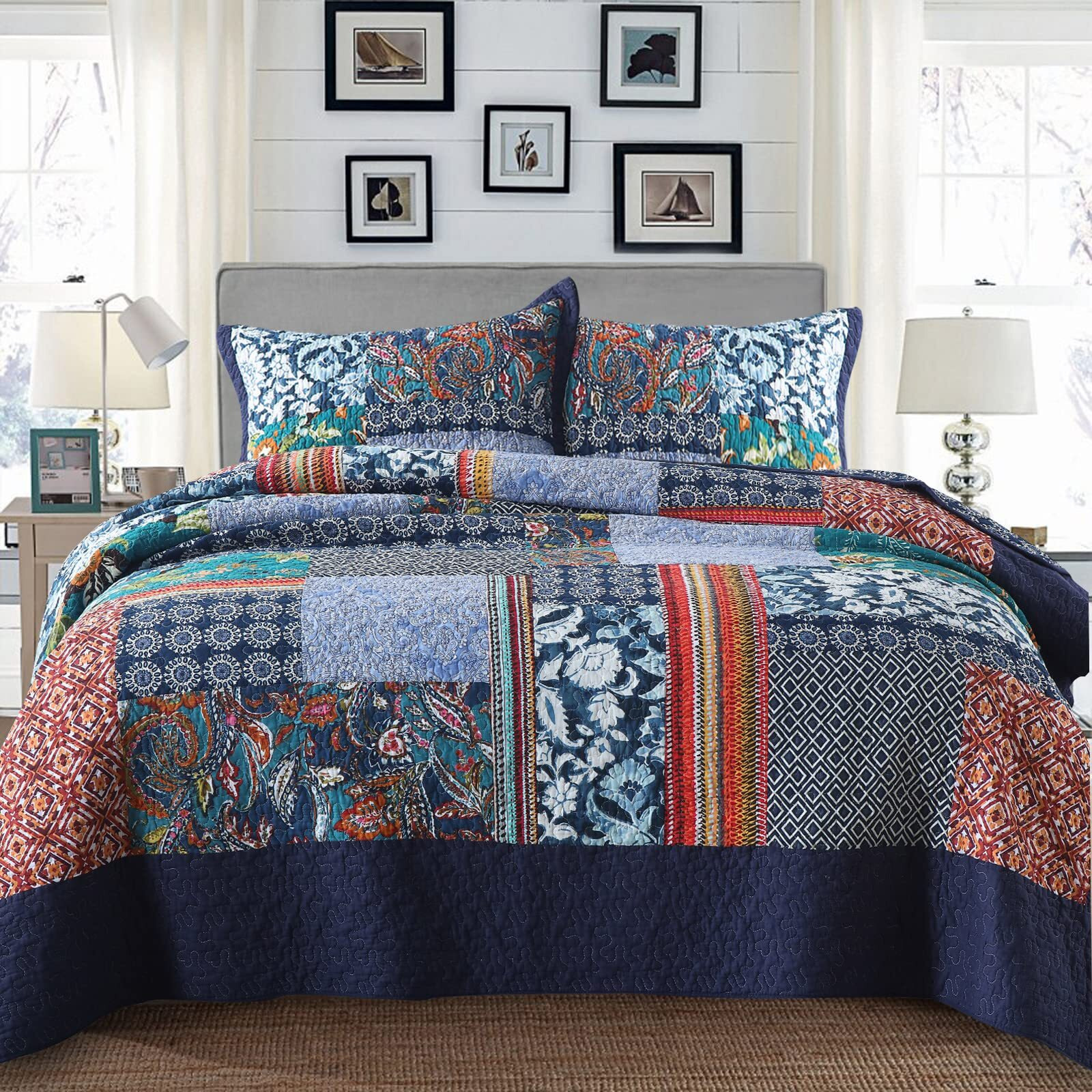 Yvooxny King Quilt Set Reversible Lightweight Bohemian Paisley Patchwork Cotton Quilted Bedspread Coverlet Set 3-Piece Bedding Set With Pillowcases For All Seasons, King Size, 108 * 96 Inches