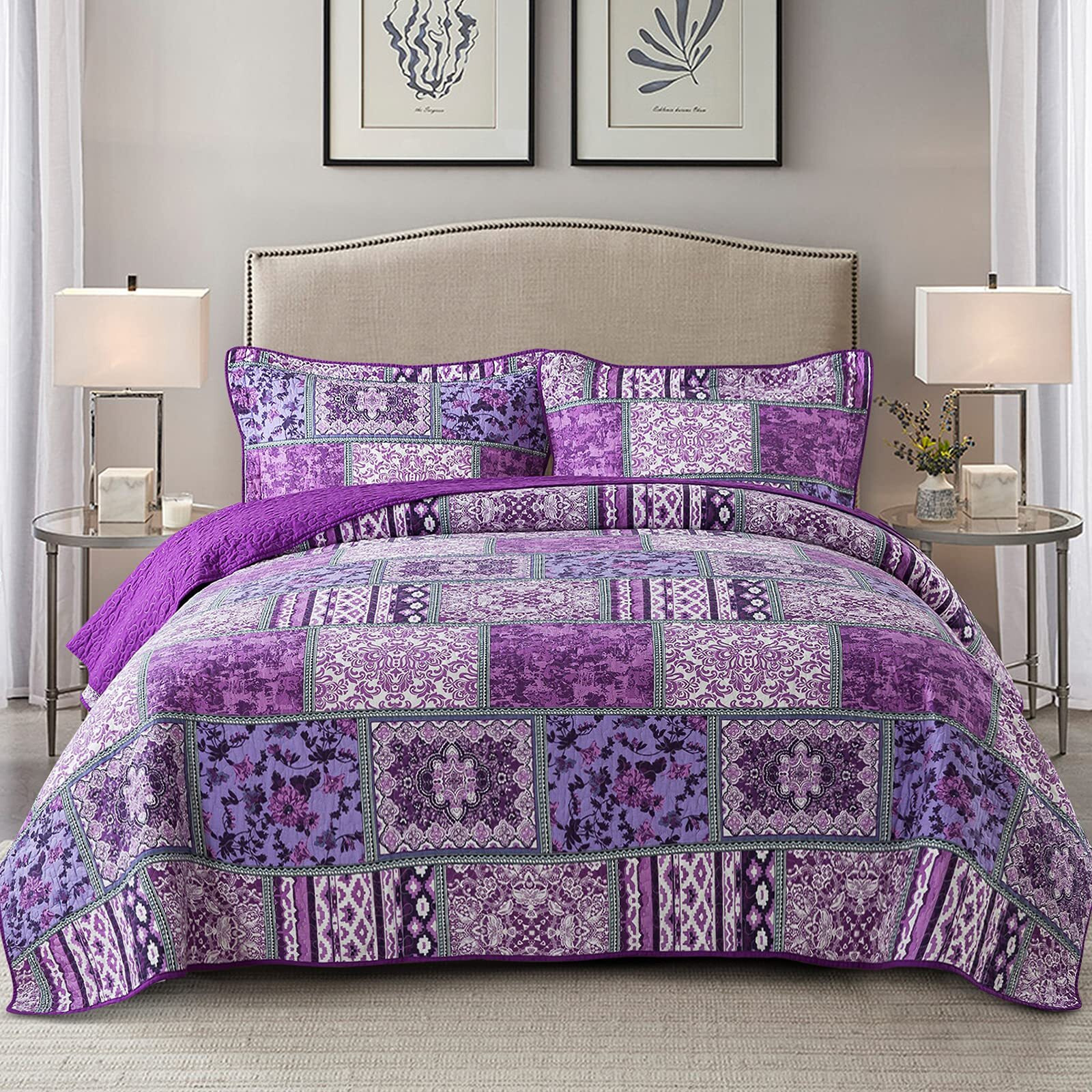 Newlake Cotton Bedspread Quilt Sets-Reversible Patchwork Coverlet Set, Purple Classic Bohemian Pattern,King Size