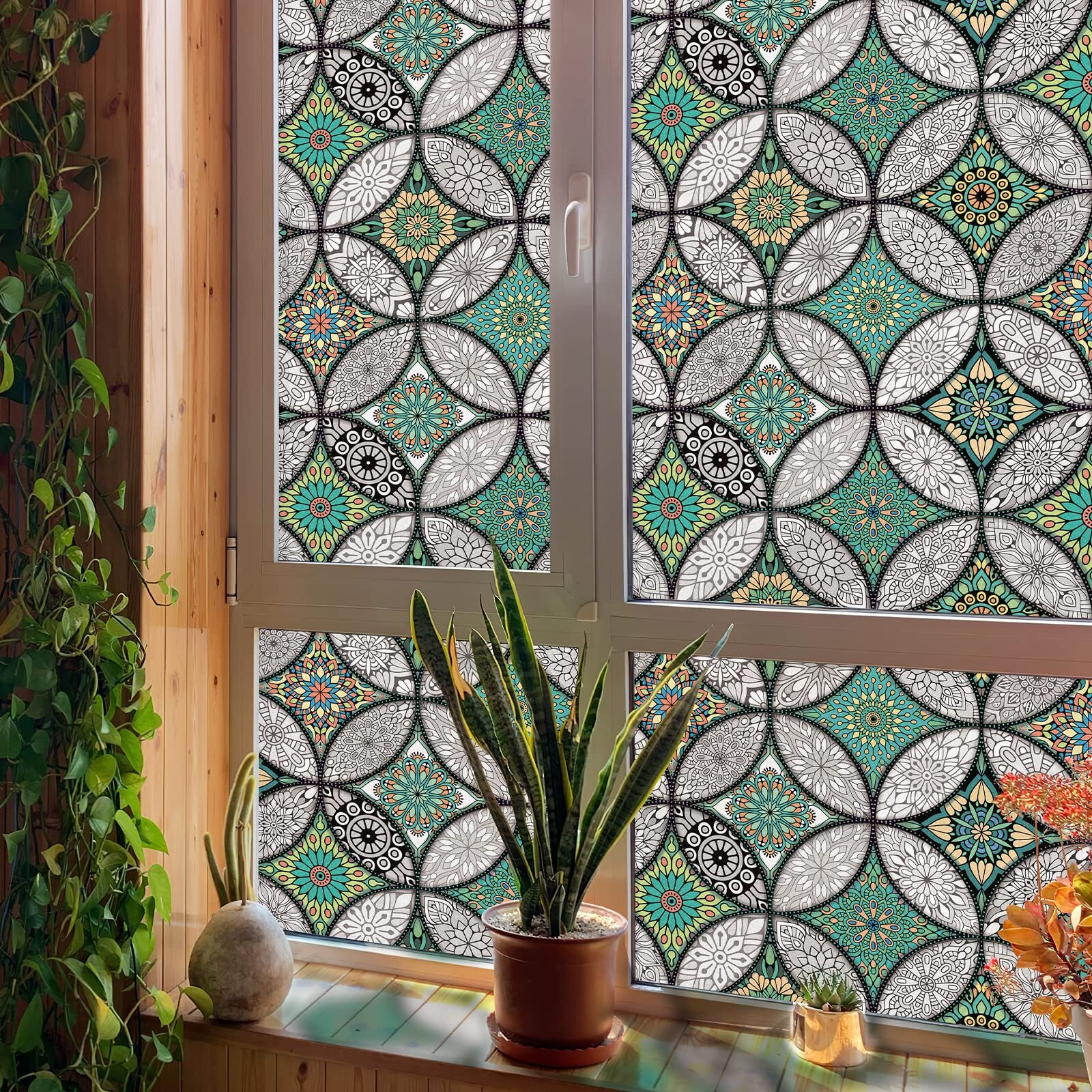 Jiffdiff Green Window Privacy Film Frosted Glass Window Films Window Cling Non-Adhesive Removable Window Decor Static Cling Glass Covering Sticker Heat Control Window Stickers For Home Church