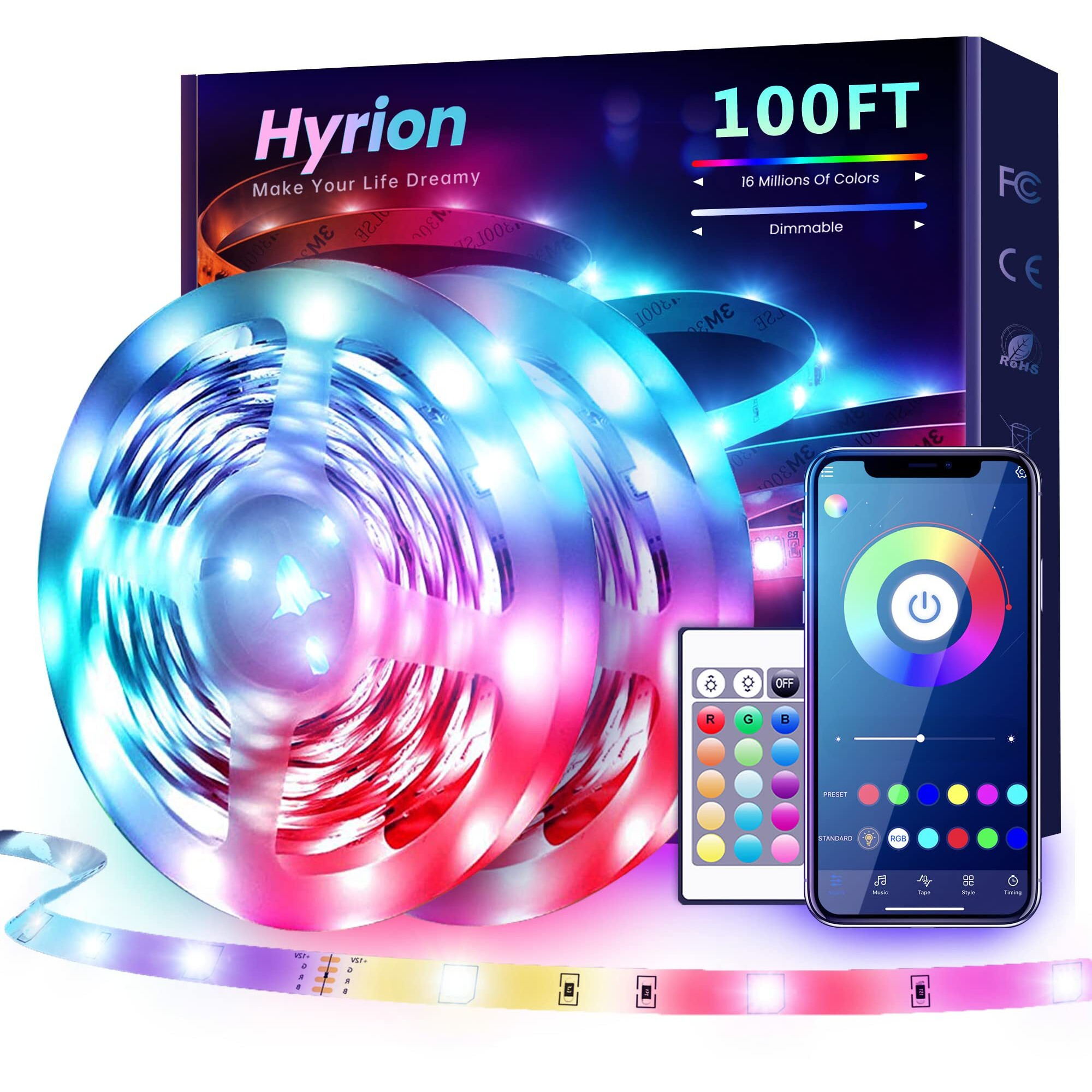 Hyrion 100 Ft Bluetooth Led Strip Lights,Music Sync Color Changing Lights Strip,5050 Rgb Led Lights With Remote,Smart Phone App Control Led Lights For Bedroom,Bar,Room Diy (App+Remote)
