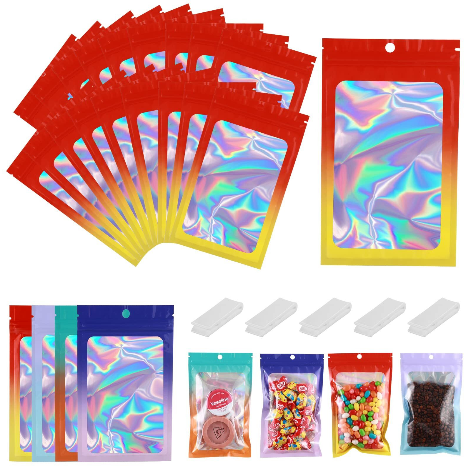200 Pcs 4.7X7.9 Smell Proof Mylar Bags For Food Storage,Resealable Mylar Bags Gradient With Clear Window,Holographic Ziplock Packaging Bag For Candy,Cookies And Small Jewelry(Red/Yellow)