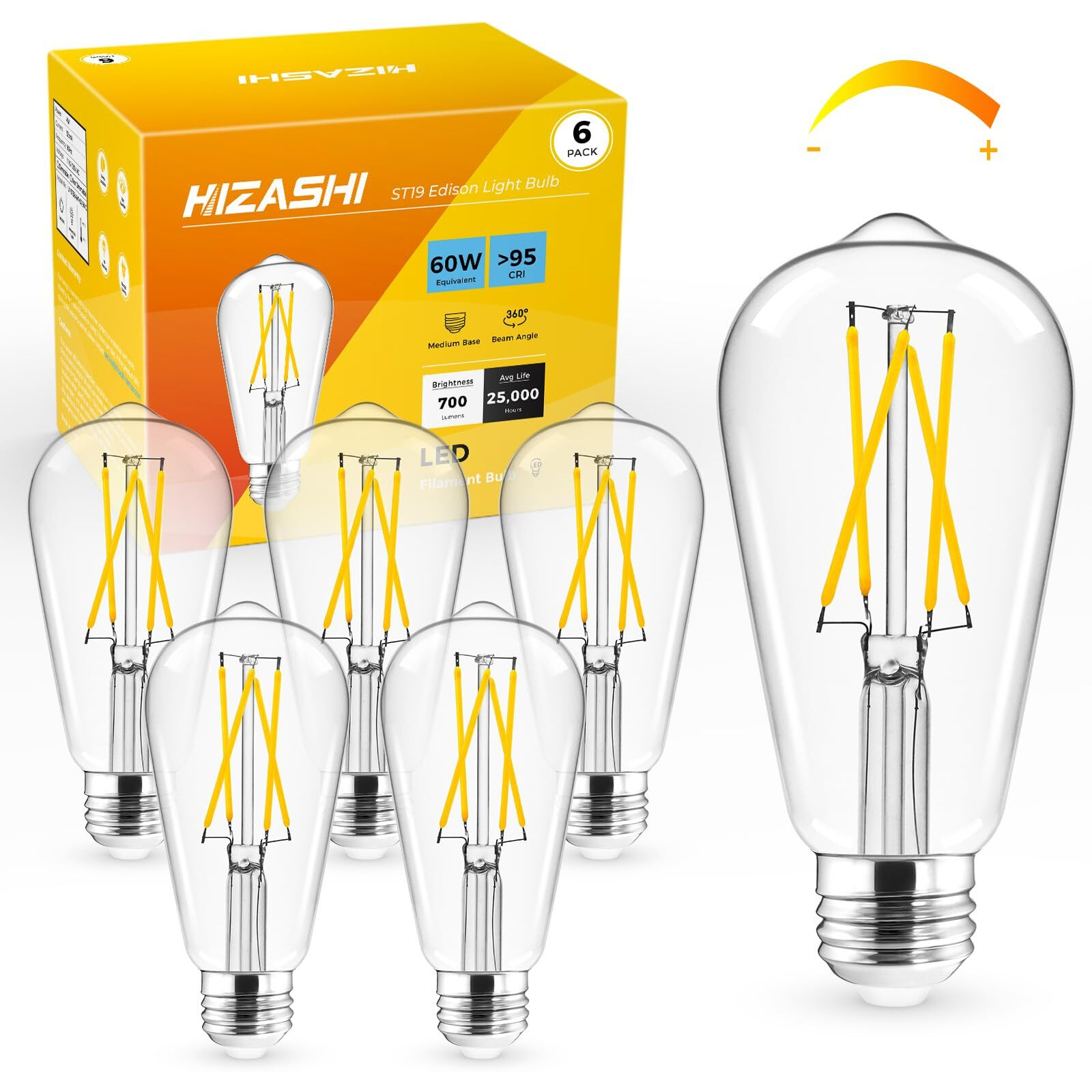 Hizashi Led Edison Bulbs, 6W, Equivalent 60W, Dimmable E26 Led Bulb, 3000K Soft White, 90+ Cri 700 Lumens, St19 Vintage Light Bulbs, Clear Glass, Pack Of 6