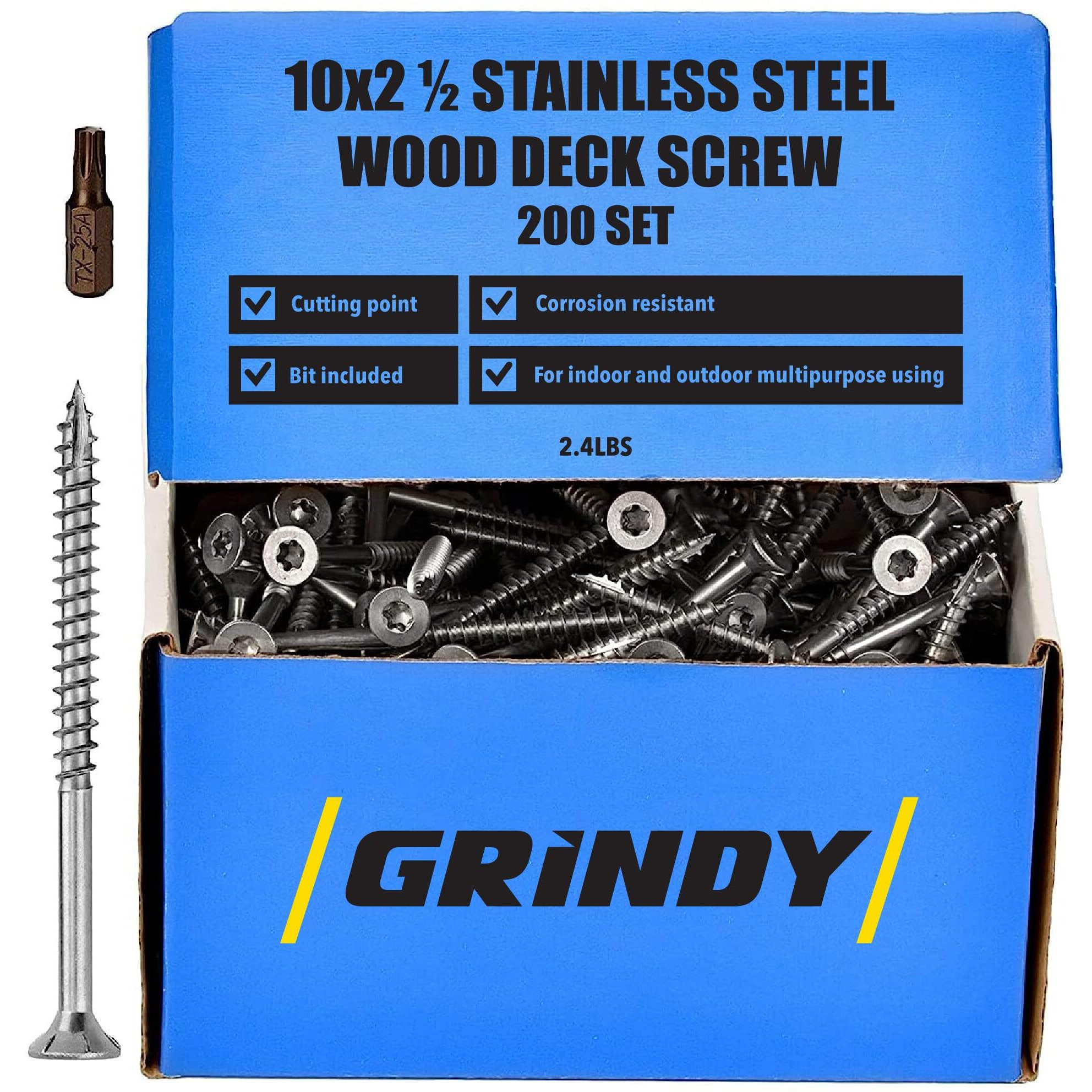 10 X 2 1/2" Stainless Steel Wood Screws By Grindy (200Pack/2.4Lbs) - Diy Deck Screws For Cabinet, Furniture & Other Projects - Rust & Corrosion Resistant - For Indoor & Outdoor Use