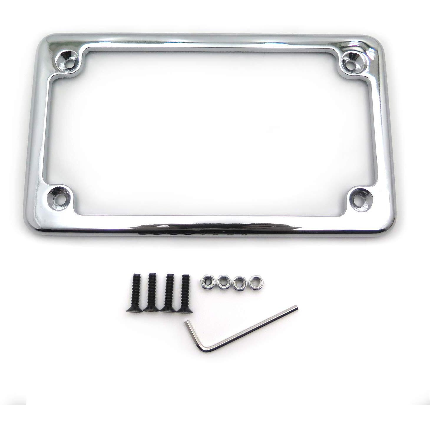 Httmt Mt294-001-Cd Chrome Flat License Plate Frame Bracket Tag Holder 7 Inches X 4 Inches Compatible With Universal Motorcycle