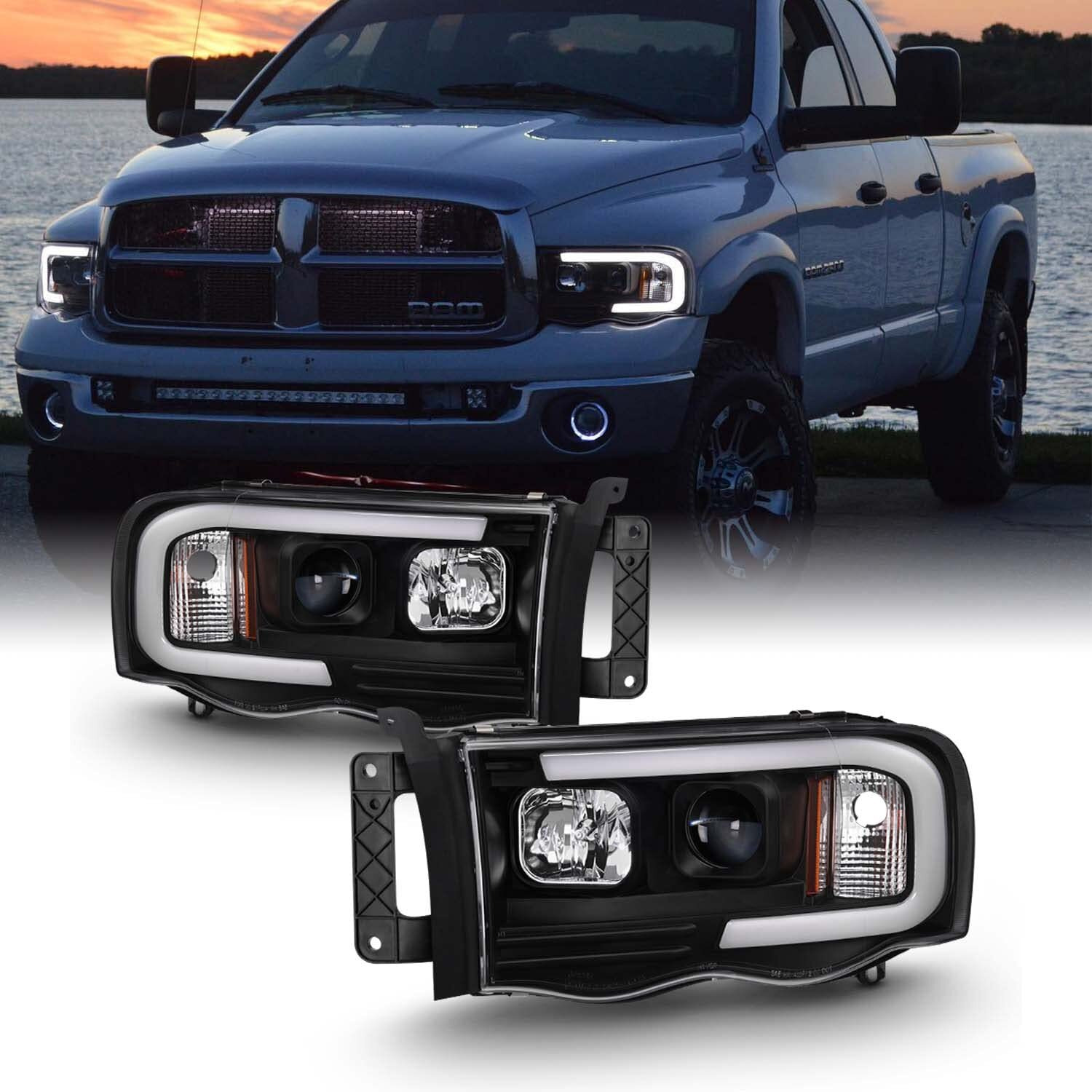 Akkon - For 2002-2005 Dodge Ram 1500 03-05 2500 3500 Black Led Tube Projector Headlights Pair Left+Right Side