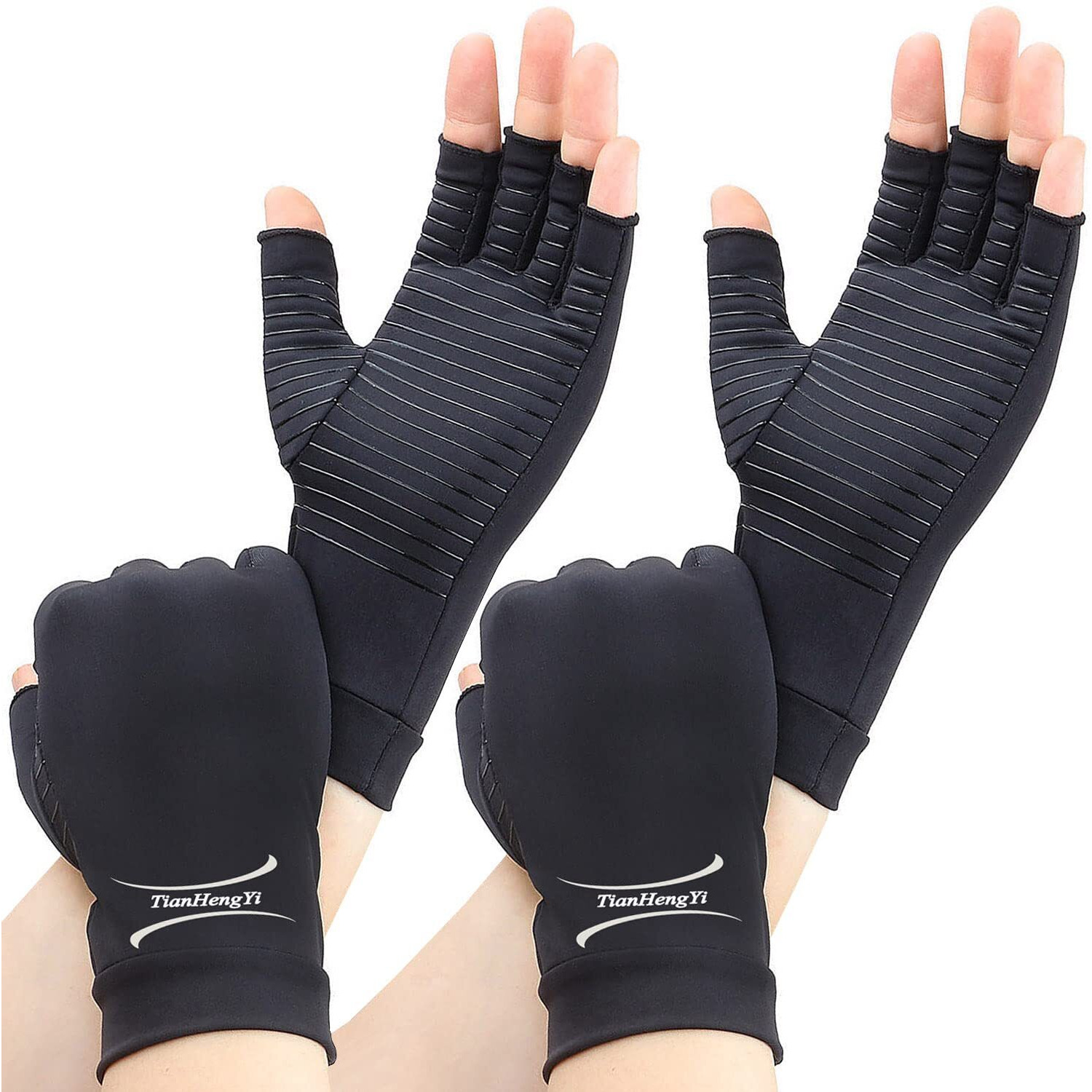 2 Pairs Copper Arthritis Gloves For Women, Compression Gloves For Men For Pain, Fingerless Hand Gloves For Carpal Tunnel, Crochet, Relieve Pain, Swelling, Support Wrist And Joint, Typing (Large)