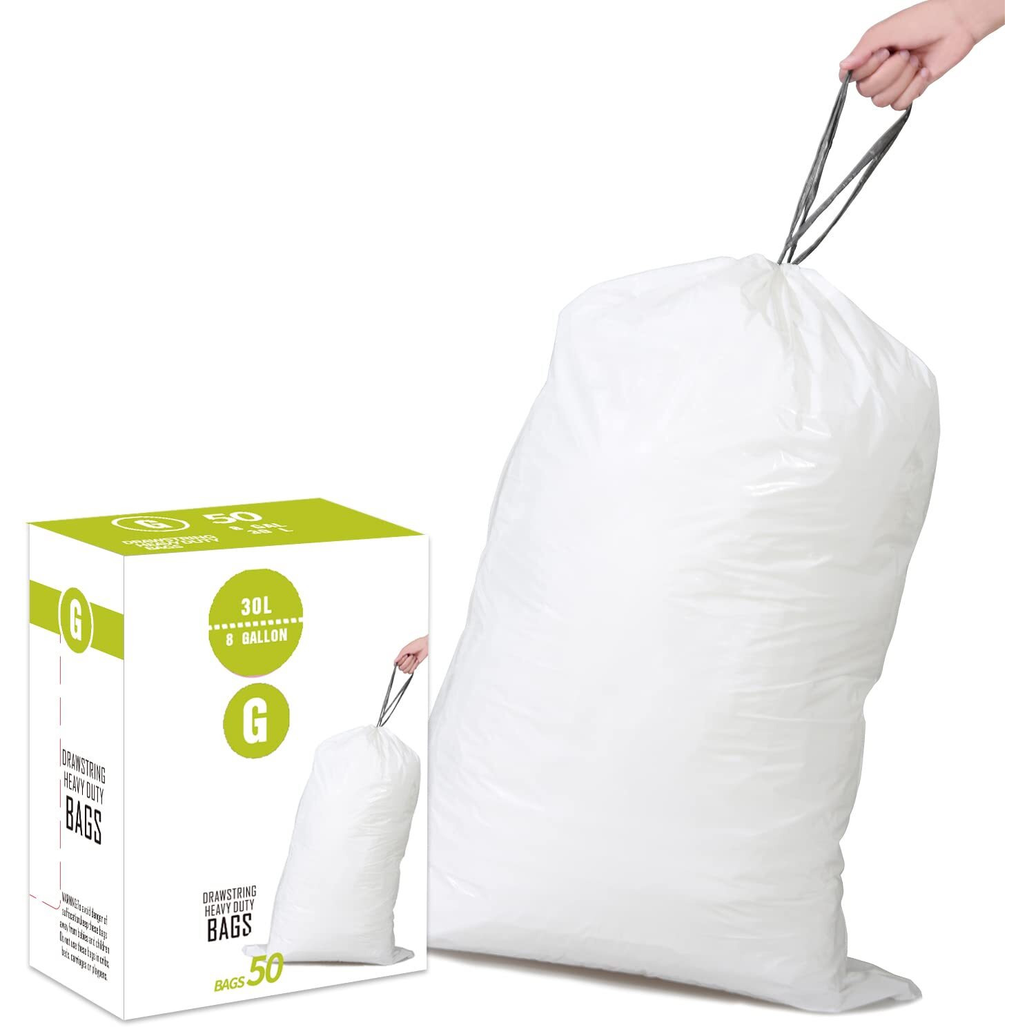 Simplelisa Code G (50 Count) 8 Gallon Heavy Duty Drawstring Plastic Trash Bags Compatible With Code G  1.2 Mil  White Garbage Can Liners 8 Gallon/30 Liter