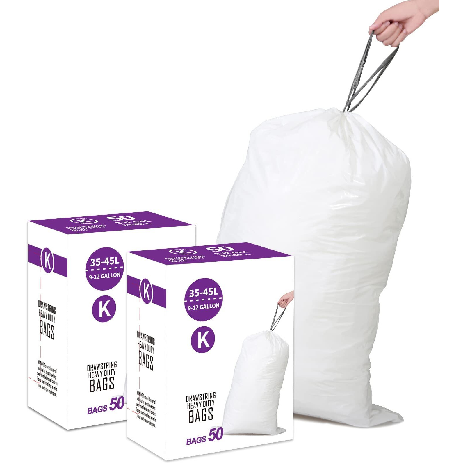 Simplelisa Code K 2 Packs(100 Count) 9-12 Gallon Heavy Duty Drawstring Plastic Trash Bags Compatible With Code K  1.2 Mil  White Garbage Can Liners 9-12 Gallon / 35-45 Liter