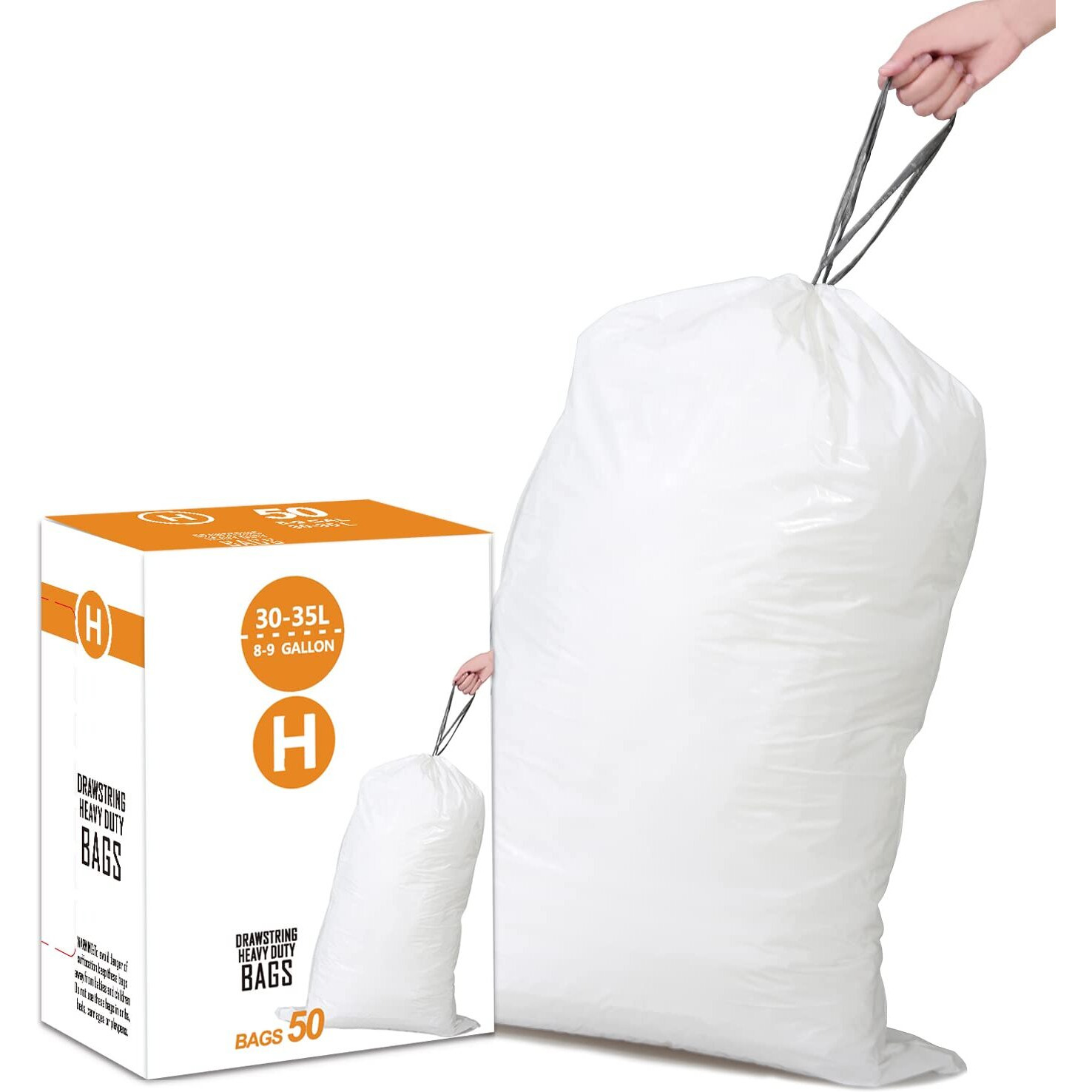 Simplelisa Code H (50 Count) 8-9 Gallon Heavy Duty Drawstring Plastic Trash Bags Compatible With Code H  1.2 Mil  White Garbage Can Liners 8-9 Gallon/30-35 Liter