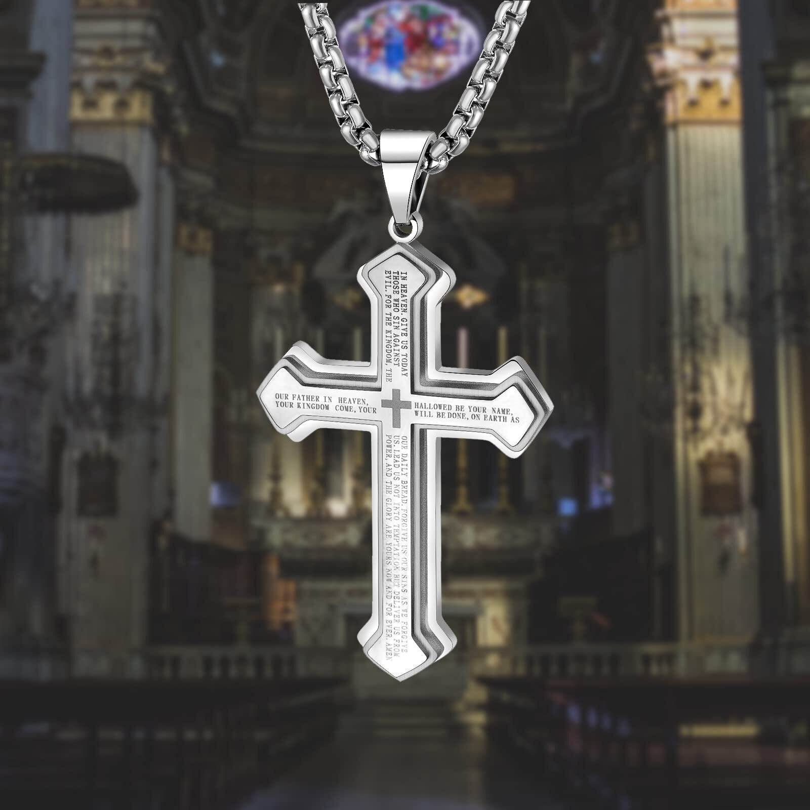 Leapofaith Cross Pendant For Car Rear View Mirror Hanging Cross Charm Car Decor Mirror Accessories Ornament Auto Interior Jesus Cross Necklace With Lord's Prayer Men Women Christian Gift (Silver)