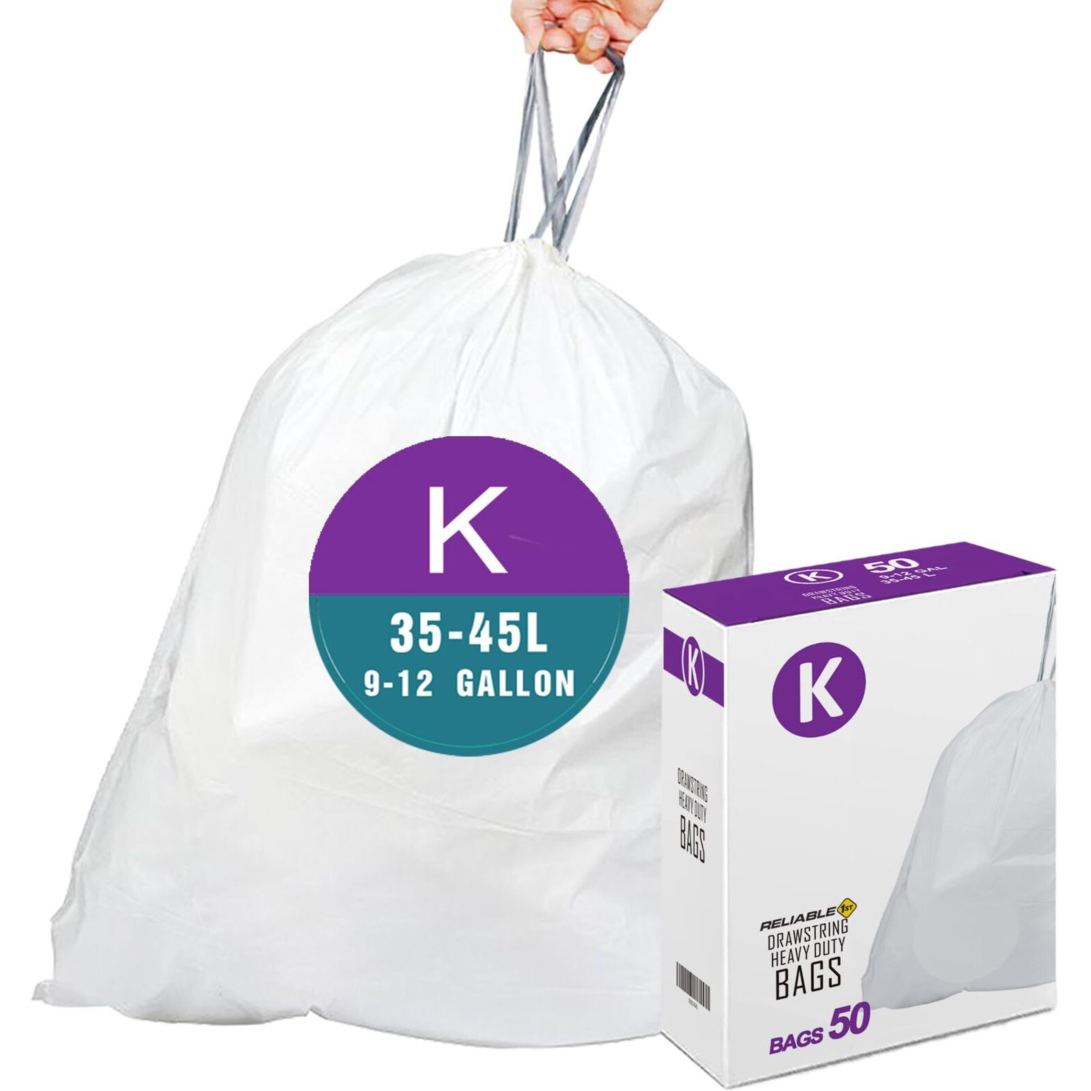 Code K Heavy Duty Trash Bags With Reinforced Drawstring For 9-12 Gallon/35-45 Liter  Reliable1St Compatible With Simplehuman Code K (50 Count)  Tear & Leak Resistant Drawstring Garbage Liners