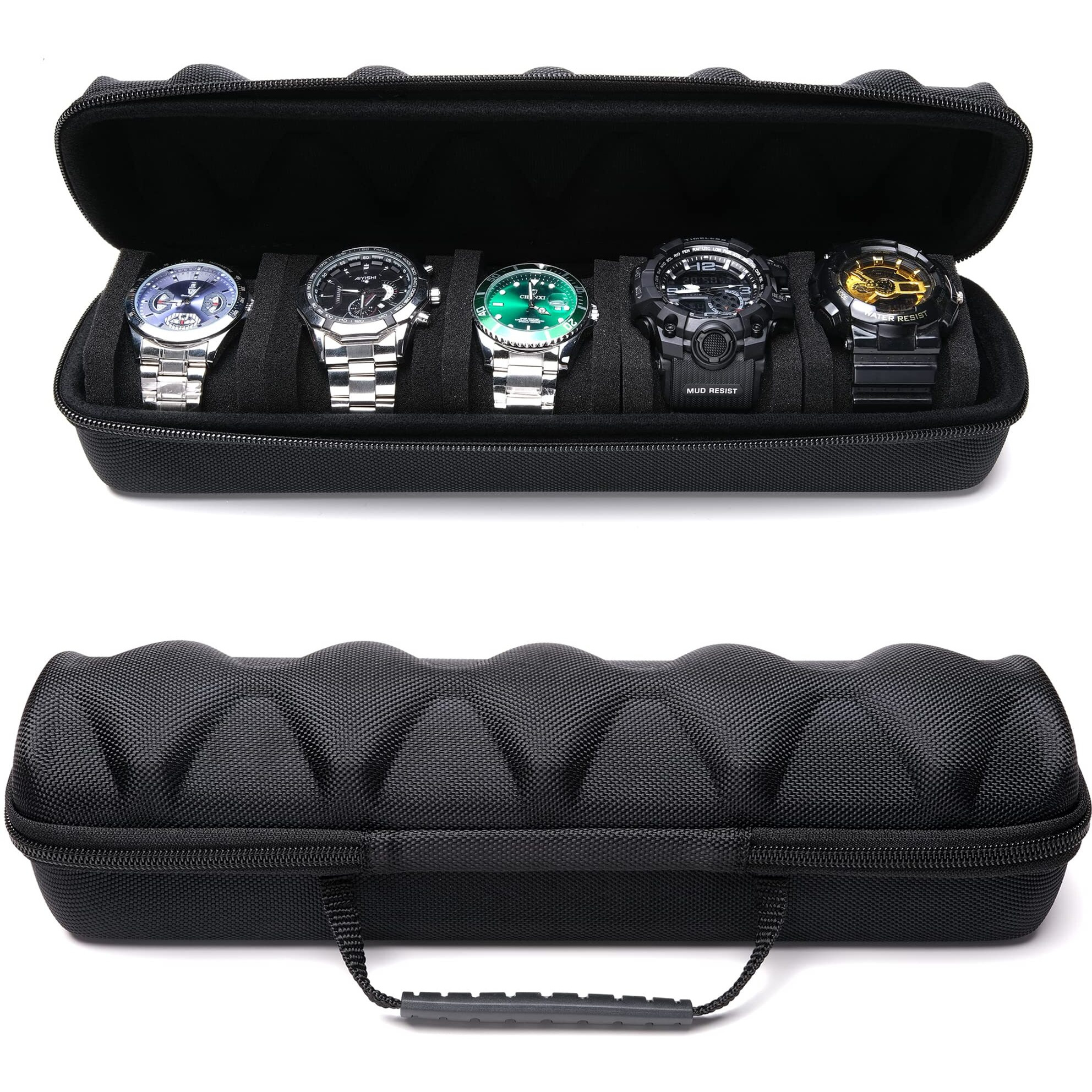Rigicase 5 Slots Hard Men's Watch Travel Case, Portable Zipper Storage Organizer Box With Soft Compressible Foam Pillow To Fit Large And Small Watches(Black, 5Slot)