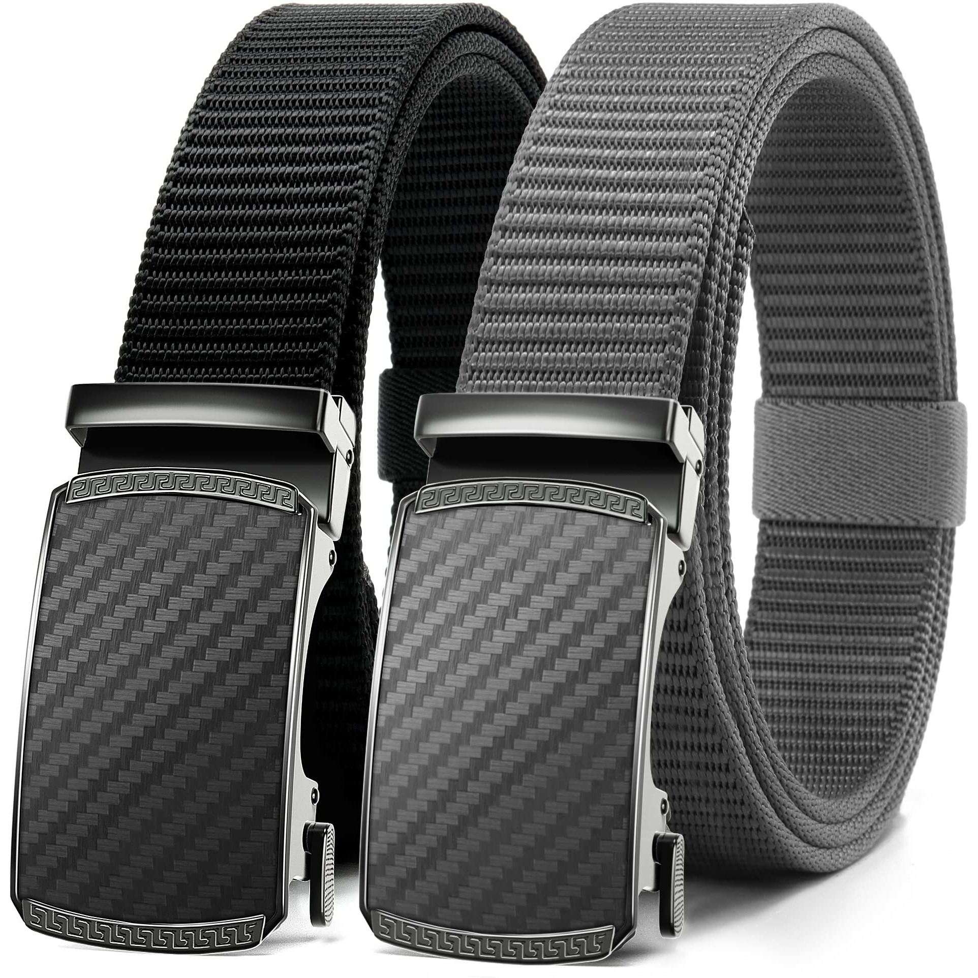 Chaoren Black & Grey Ratchet Belt For Men 2 Pack - Nylon Mens Belts Casual 1 3/8" - Outside Tail Golf Belt Easier To Tighten